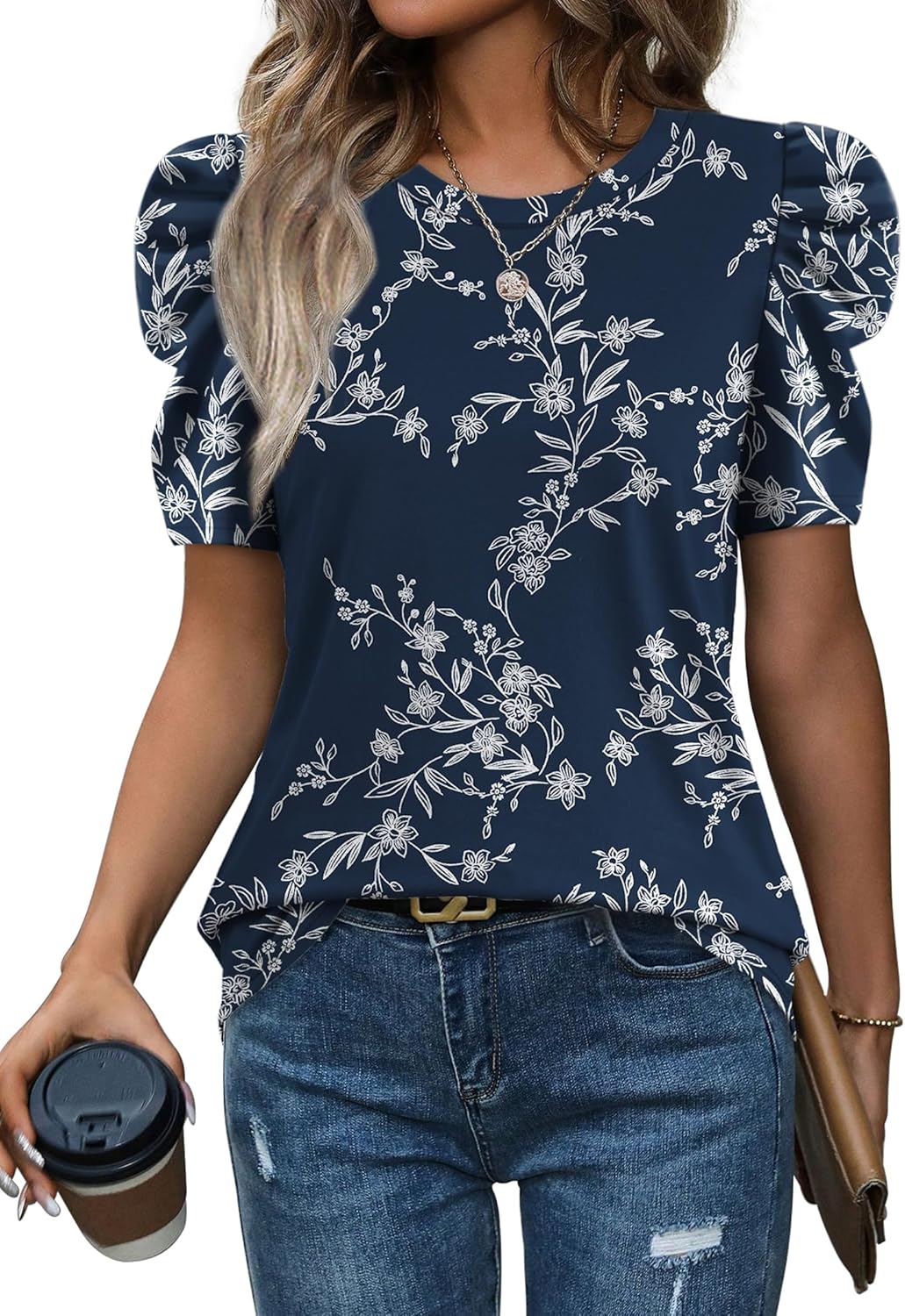 WIHOLL Summer Tops for Women Puff Sleeve Crewneck T Shirts Dressy Casual Blouses Spring Outfits Fashion Clothes