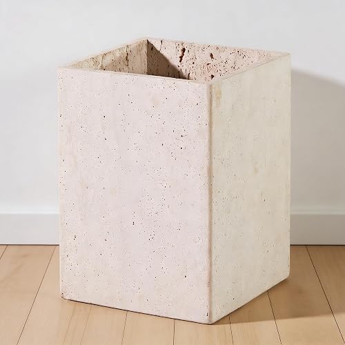 Rectangular Ivory Travertine Bathroom Trash Can, Natural Organic Stone Office