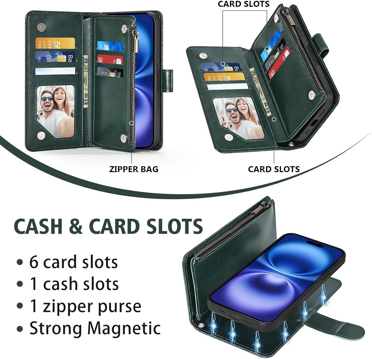 Asuwish Phone Case for iPhone 16 6.1 inch Zipper Wallet Detachable Cell Cover with Tempered Glass Screen Protector Crossbody Lanyard Strap Flower Card Holder Slot i Phone16 i16 16Case Women Dark Green