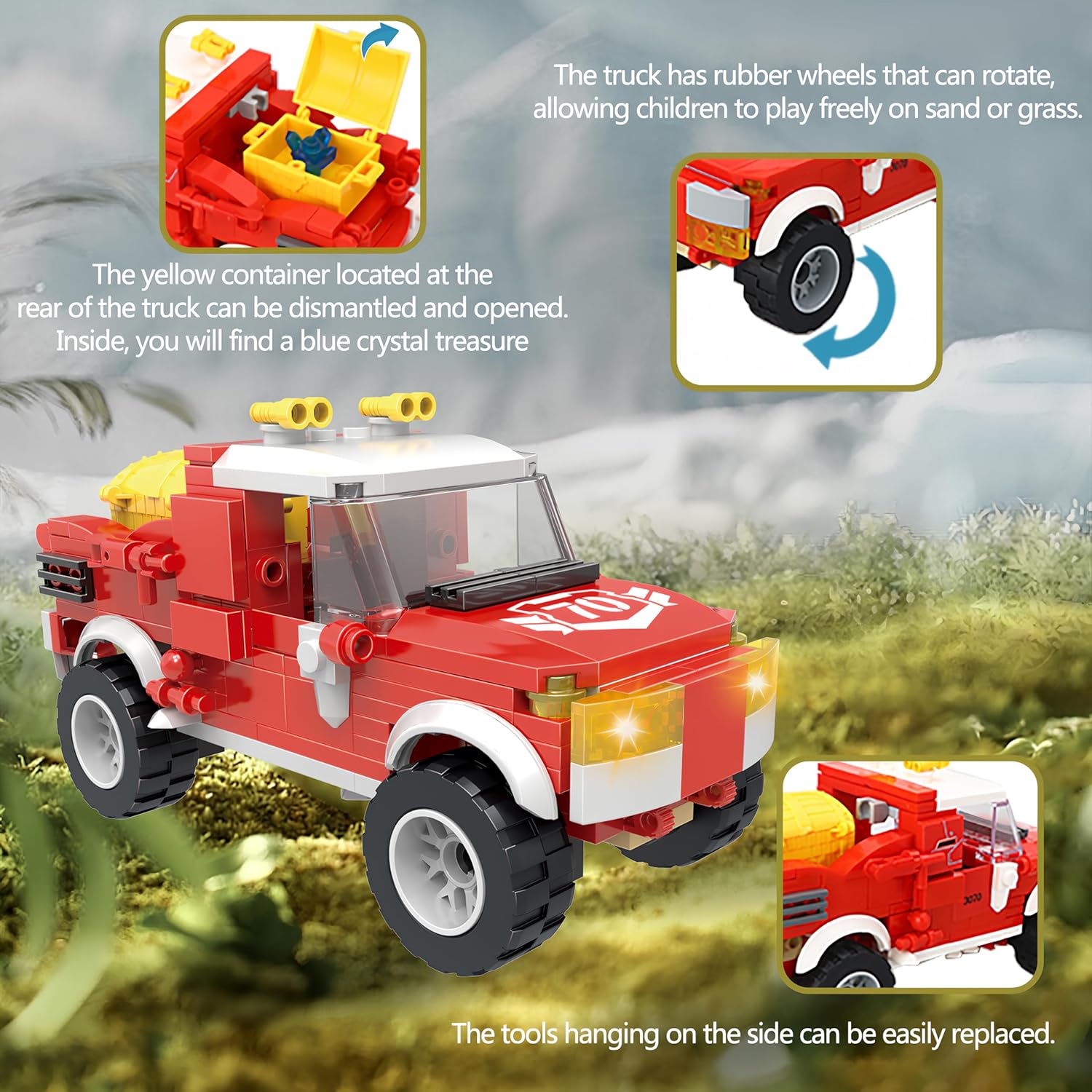 Close-up of the Off-Road Vehicle building block model showing rubber wheels and a yellow detachable container with a blue crystal treasure