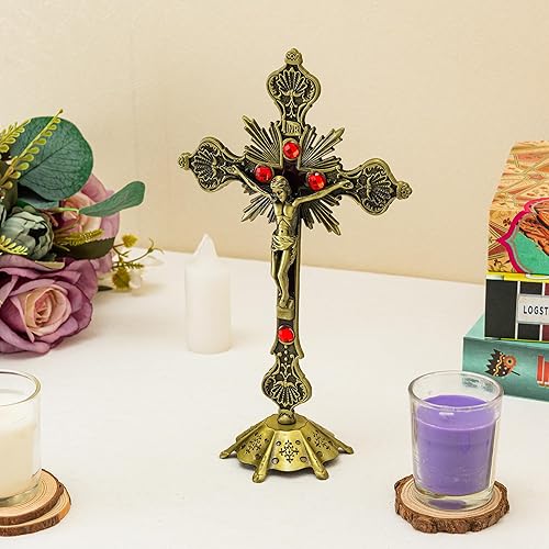 Miniatura 4 de Calculs Cruz de mesa de metal con crucifijo de Jesús para decoración del hogar, cruz católica para oraciones cristianas, Jerusalén, 10 pulgadas,