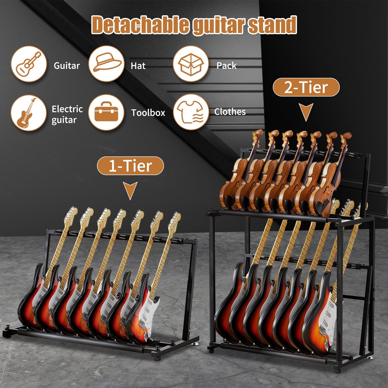 Gitarrenständer, Gitarrenhalter für 14 Gitarren, Faltbarer Multi-Gitarrenständer mit weichem Schwamm für Akustikgitarre, E-Gitarre, Bass, Abnehmbar in zwei separate Gitarrenhalterungen.