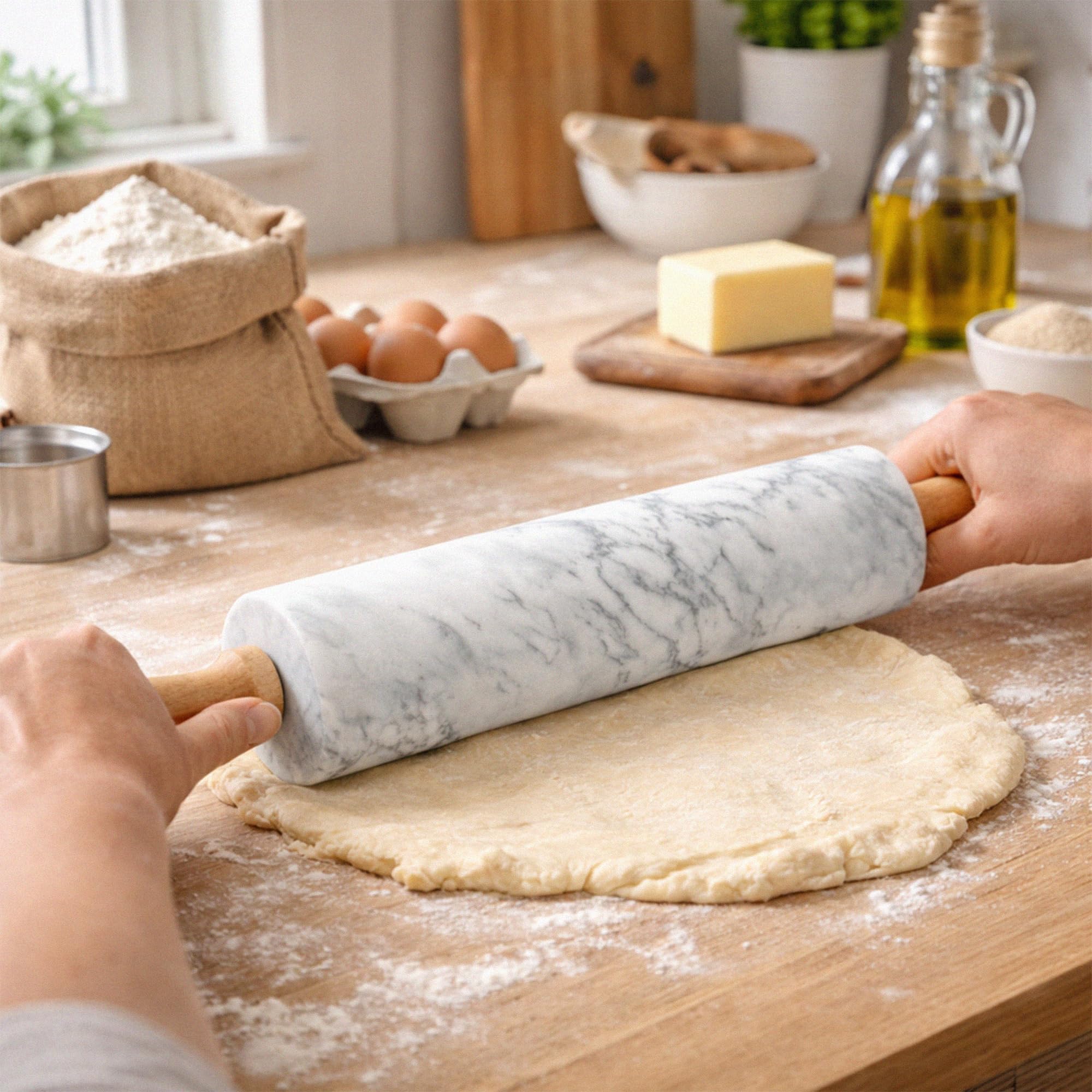 Silk Route Home - Mattarello in marmo bianco con base in legno di faggio