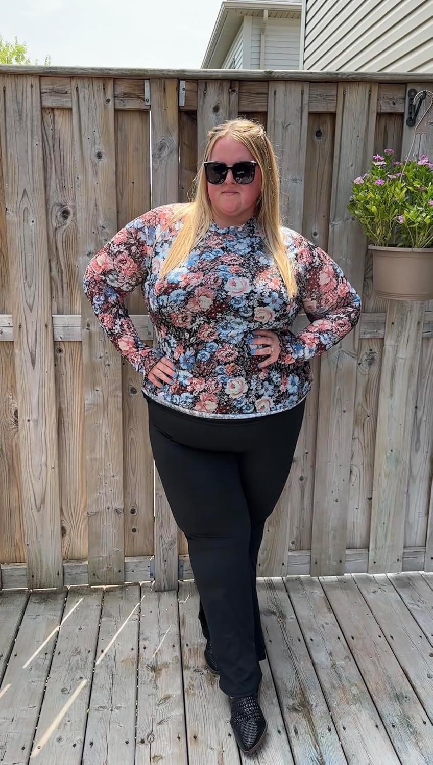 FOREYOND Plus Size Floral Mesh Tops for Women Mock Neck Long Sleeve Lace Sheer Shirts Slim Fitted Sexy Going Out Blouses - Image 2