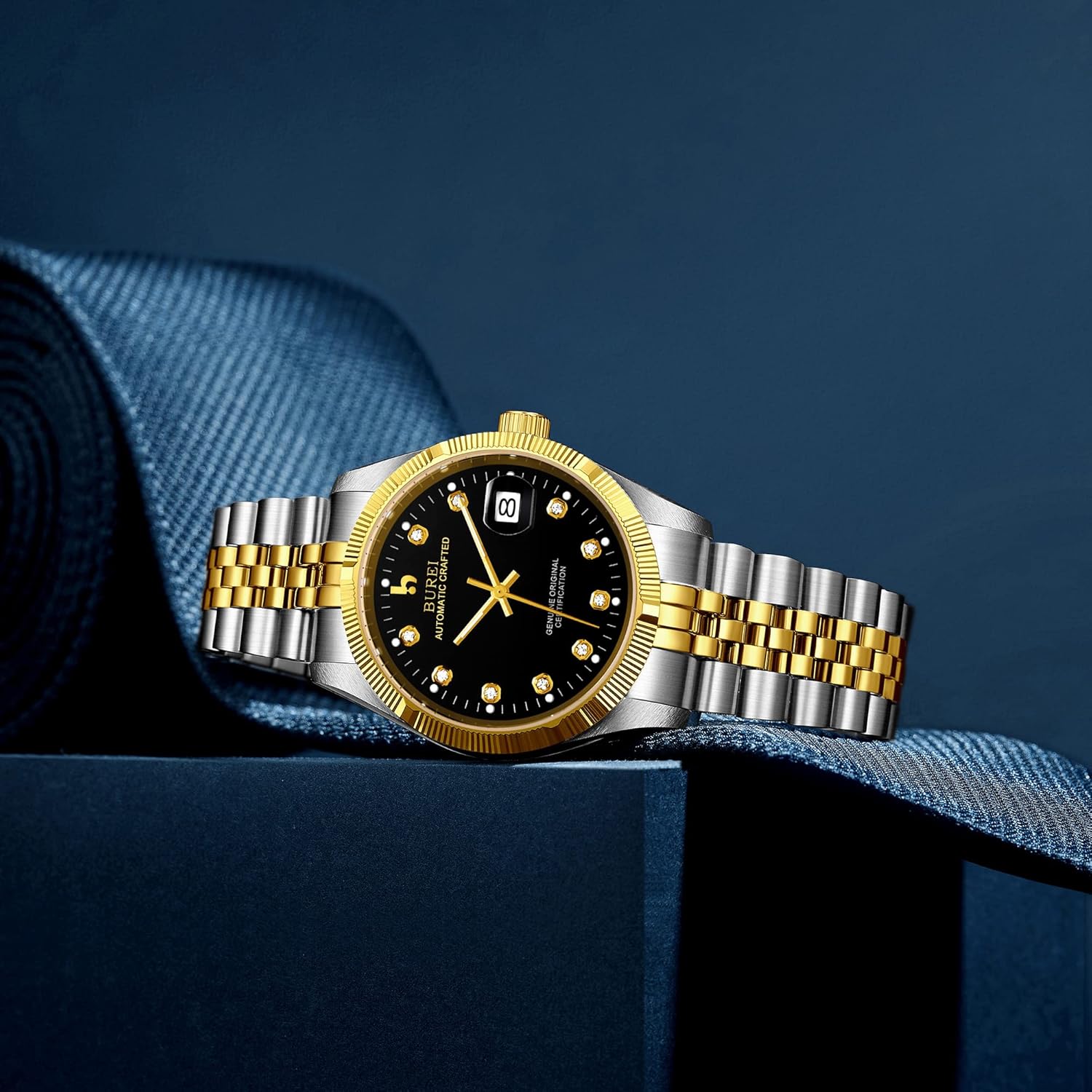 BUREI Orologio da polso automatico da uomo Lente in zaffiro sintetico antigraffio con quadrante dorato e cinturino in acciaio inossidabile bicolore BUREI Orologio da polso automatico da uomo Lente in zaffiro sintetico antigraffio con quadrante dorato e cinturino in acciaio inossidabile bicolore
