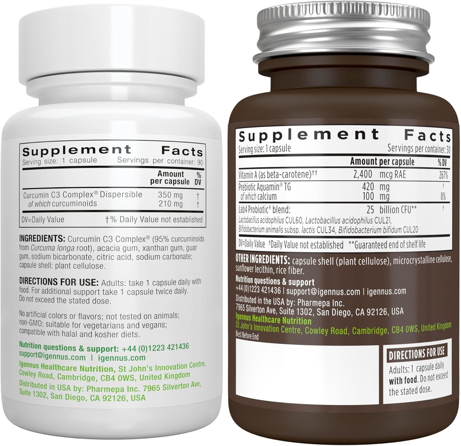 Live Cultures+ Lab4 Probiotics + High Absorption Curcumin C3 Complex Vegan Bundle, 25 Billion CFU Probiotic, Non-Bloating Prebiotic + 300% Greater Absorption Curcuminoids with Rapid Uptake, By Igennus