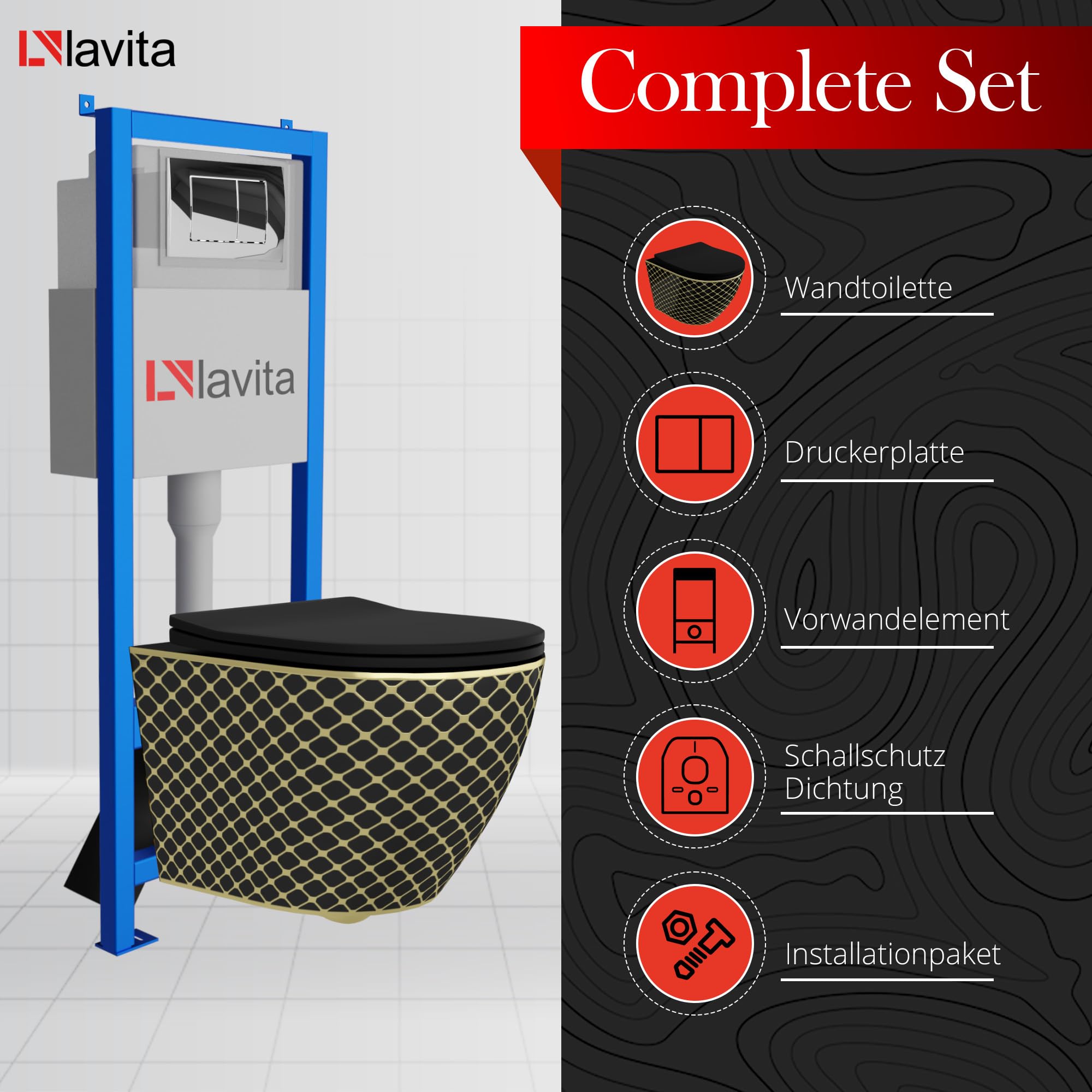 lavita Lavita LAV 101 elemento de pared para inodoro 40 cm + inodoro suspendido suspendido SOFI SLIM BLACK NIGHT sin borde + panel de control LAV 200.1.2 cromado | Conjunto completo | Cisterna empotr