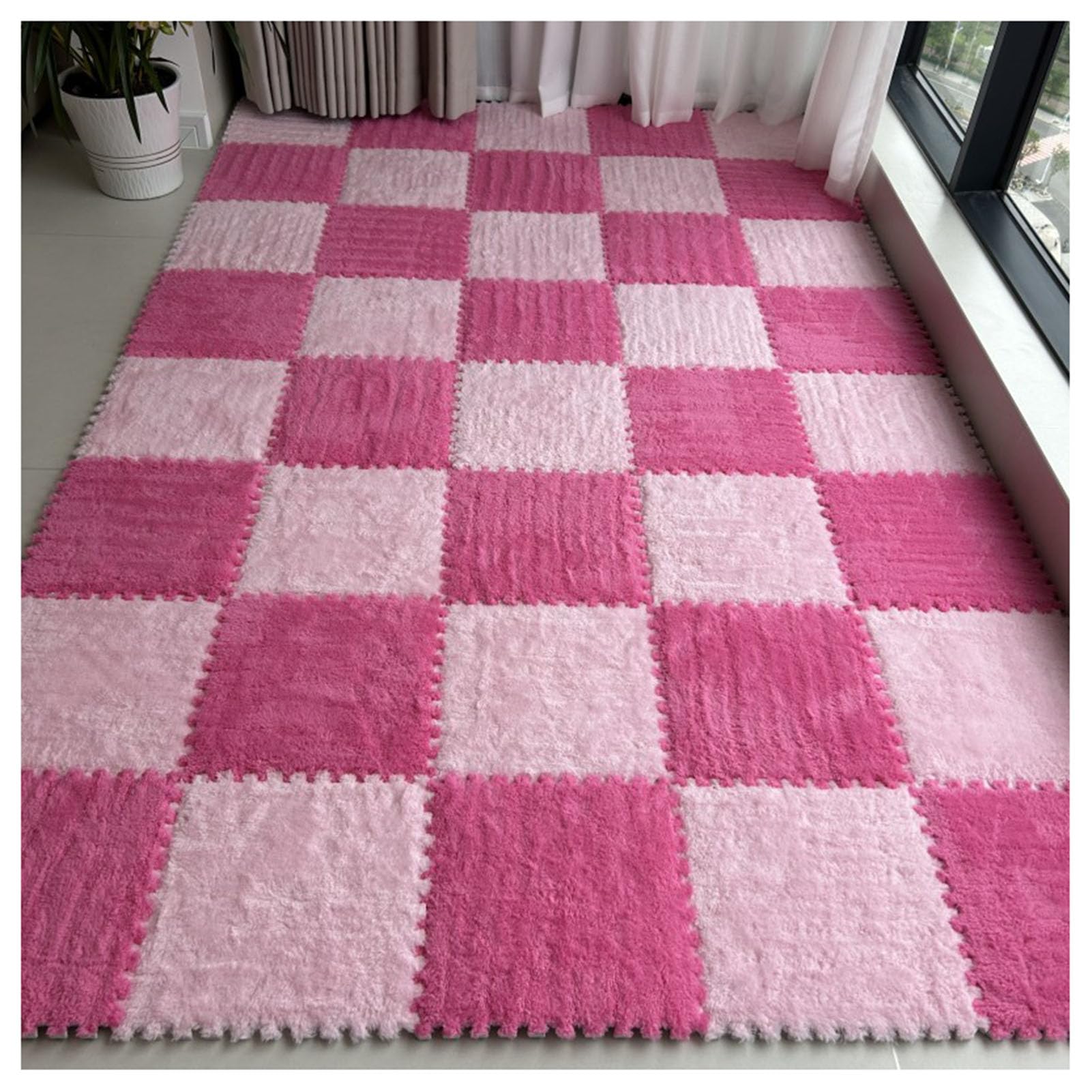 Piankowe płytki podłogowe 18 szt. pluszowa mata puzzle 30 x 30 cm blokujące kwadratowe płytki piankowe miękkie antypoślizgowe dywany dywan bezpieczny pokój zabaw i sypialnia podłoga różowa + czerwona