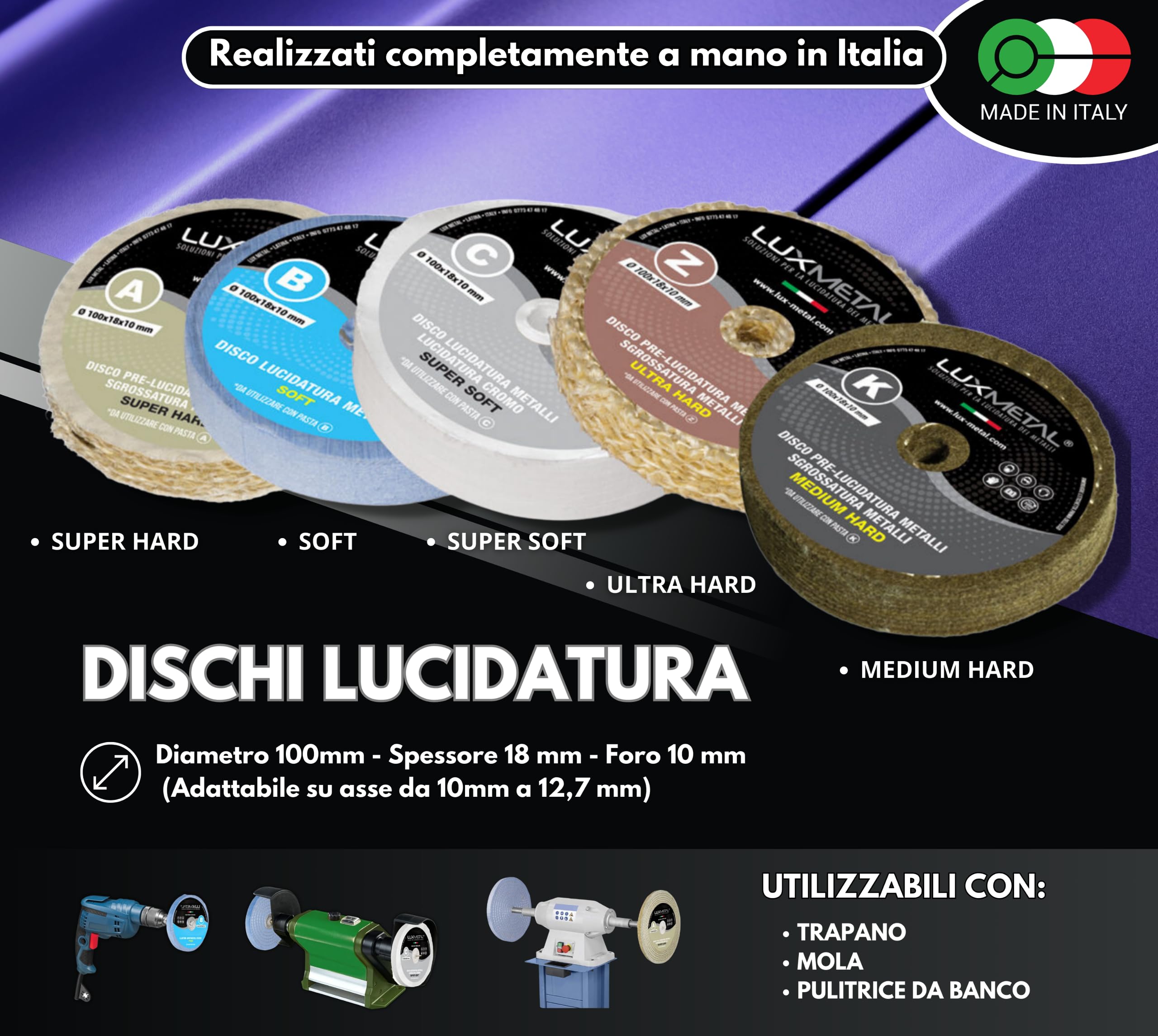 Lux Metal Kit Lucidatura 5 Pasta Abrasiva Lucidante 250 gr e 5 Disco Lucidatura 100 mm in Cotone Trapano Mola Dischi Per Lucidare Acciaio Inox Metalli Alluminio Set Lucida Ottone Cromature feltro Rame