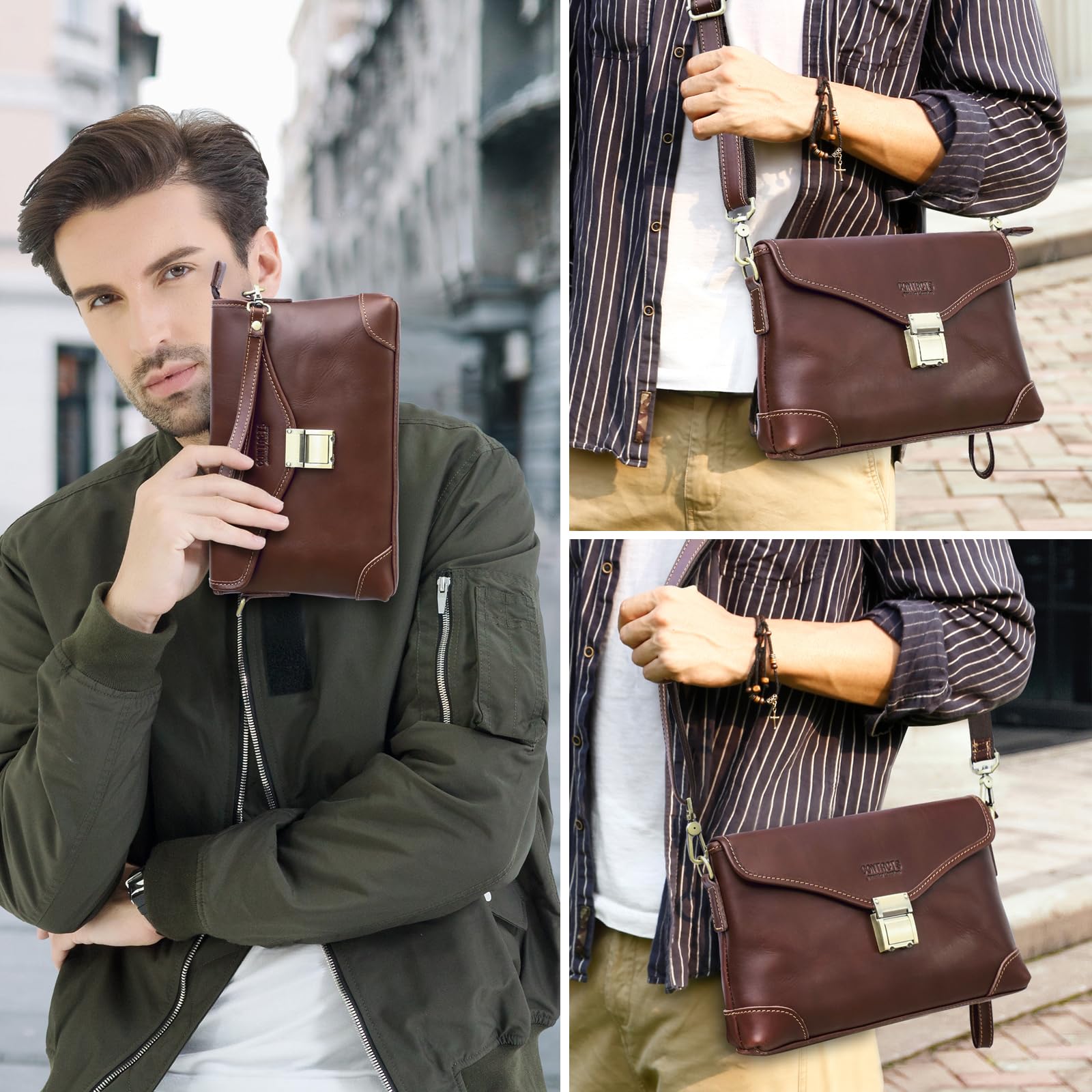 CONTACTS Große Clutch-Tasche aus Leder für Herren und Damen, Reisen, Business-Organizer, Handgelenkschlaufe, Brieftasche, Crossbody-Handtasche mit Schloss, mehrere Taschen, Handyhalter