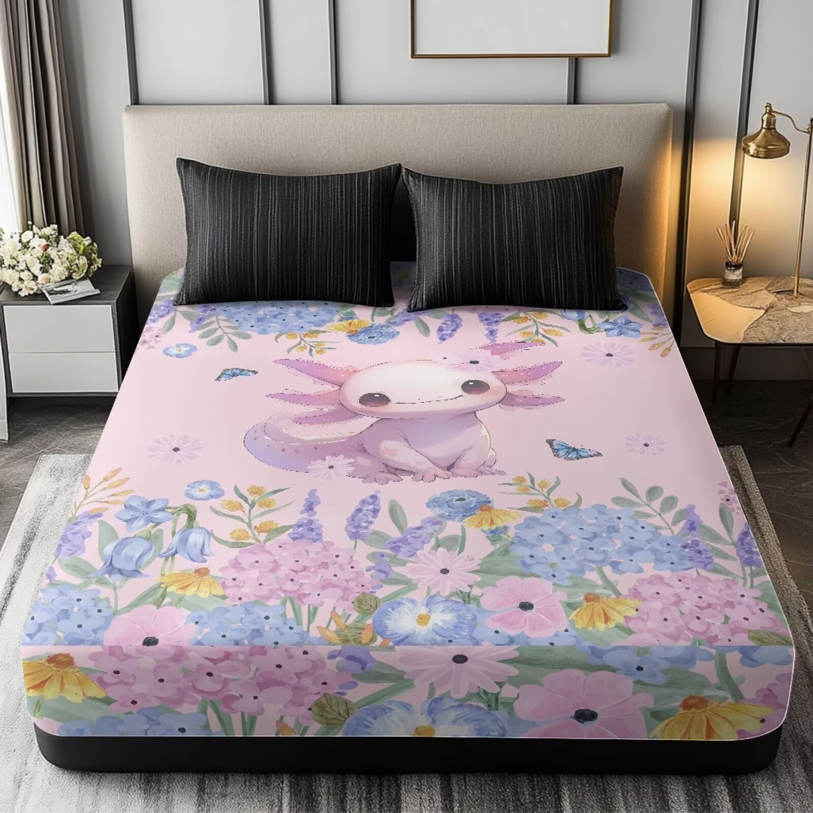 GLENLCWE Boho Floral Blossoms Axolotl Bed Sheet Queen Size 60x80 Inch Fitted Sheet Only for Children Girls Teens Bed Sheet with 16