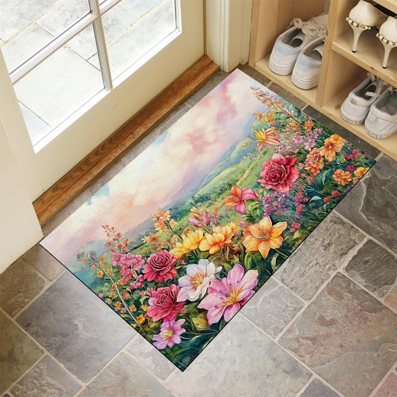 Tapis de porte extérieur fleurs de montagne pour une entrée propre