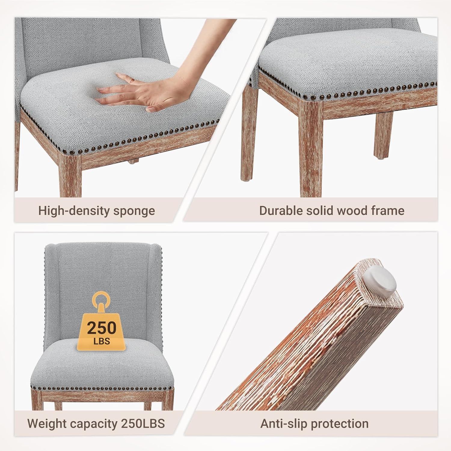 MALOL Dining Chair Set of 2, Fabric Upholstered Kitchen Side Chairs with Wooden Legs for Kitchen & Restaurant Use, LightGrey