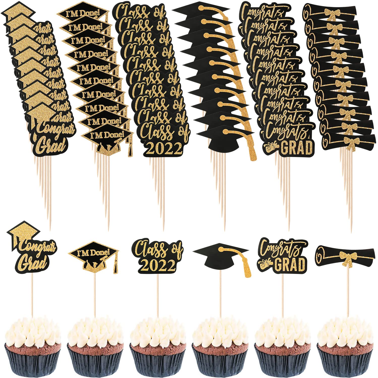60 Pcs Graduation Cupcake Toppers Class of 2021 Cupcake Picks Glitter Cake Cupcake Topper Decoration for Graduation Party Decoration Supplies