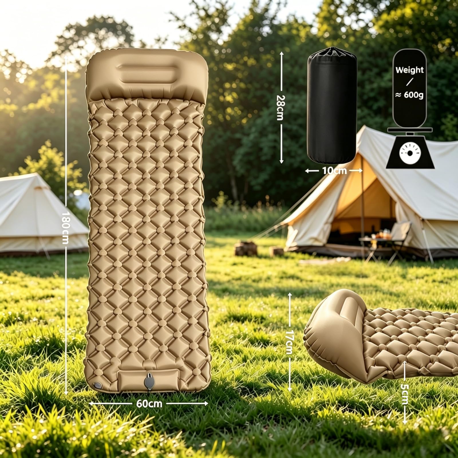 Nadmuchiwany materac, wodoodporny nylon TPU, kompaktowy i lekki, dmuchany z pompką nożną, grubość 5 cm, na kemping, wędrówki, samochód, festiwal, do wewnątrz i na zewnątrz, do biura (khaki)