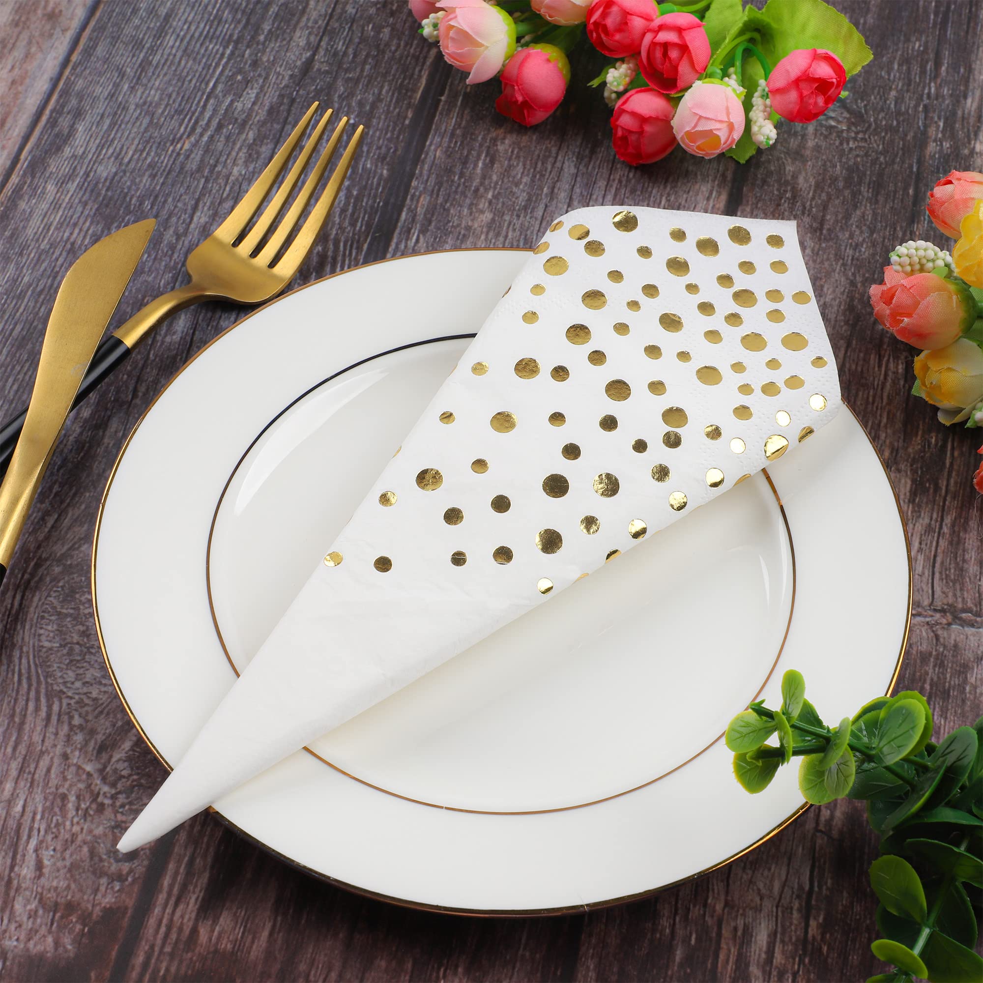 80 Goldene Punkt-Servietten – Weiße Papierservietten Mit Gold-Polka Dots Für Partys (33x33 Cm)
