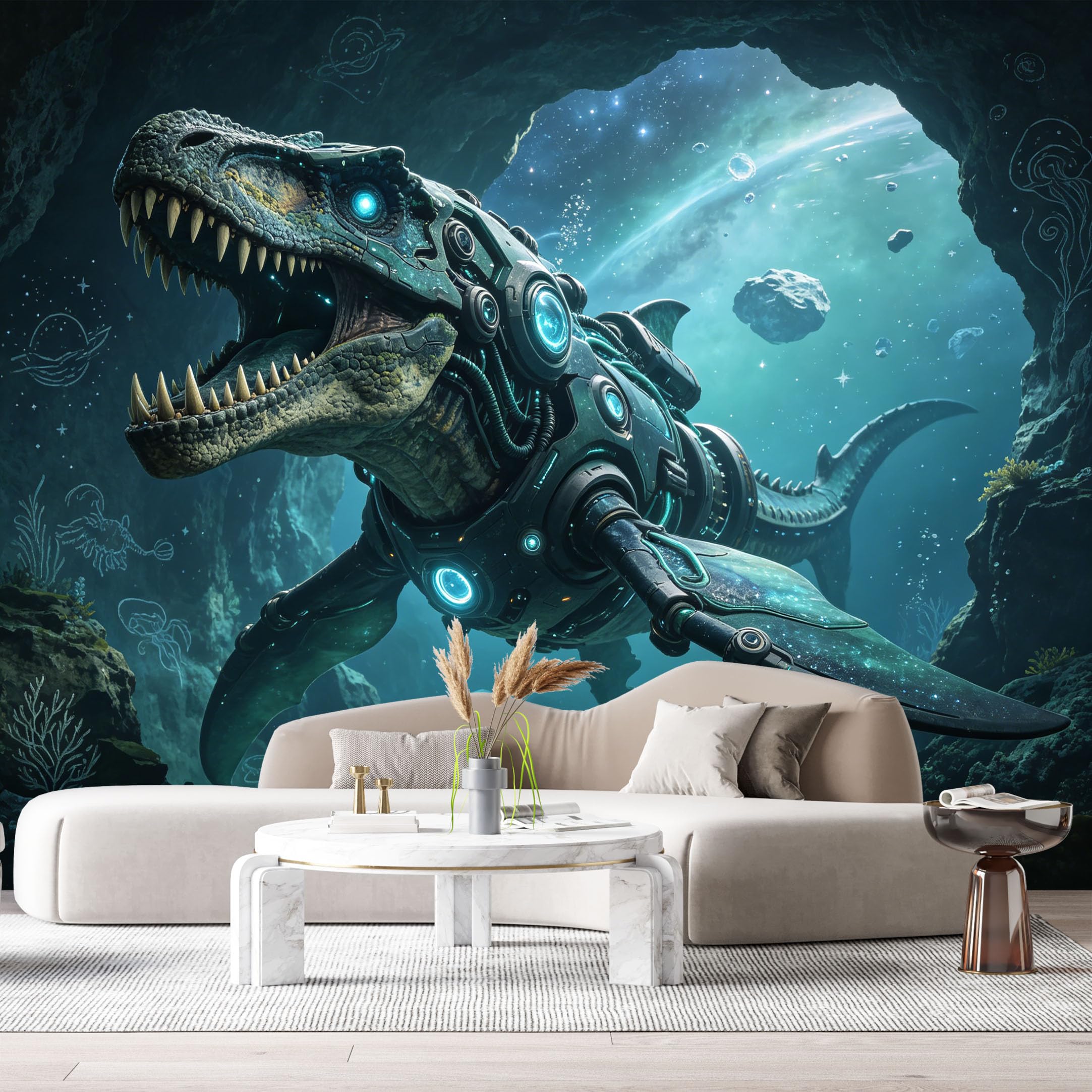Custom Size Wall Mural Mechanical Sea Dinosaur Cyber Aquatic Mech Futuristic SciFi Ocean Creature 3D Textured Style SelfAdhesive Art Prints Removable Large Wallpaper Esports Game Room Studio