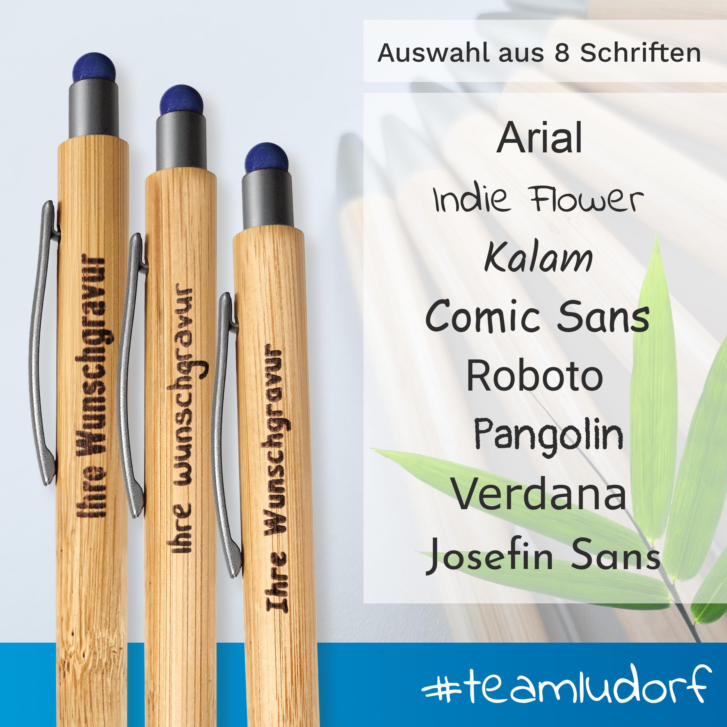 50x Bambus Kugelschreiber mit Touchfunktion mit Lasergravur, Umweltfreundlich, Blaue Mine - Ideal für Werbegeschenke Personalisierbar, Farbe: Blau