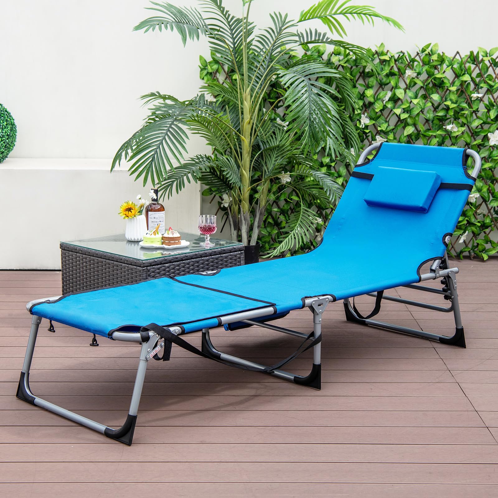 COSTWAY Bain de Soleil Pliable Inclinable à 5 Positions, Charge 150kg, Transat de Plage Pliable, Trou pour Visage, Appui-tête Amovible, Porte-gobelet et Poche, Chaise Longue pour Jardin Plage(Bleu)