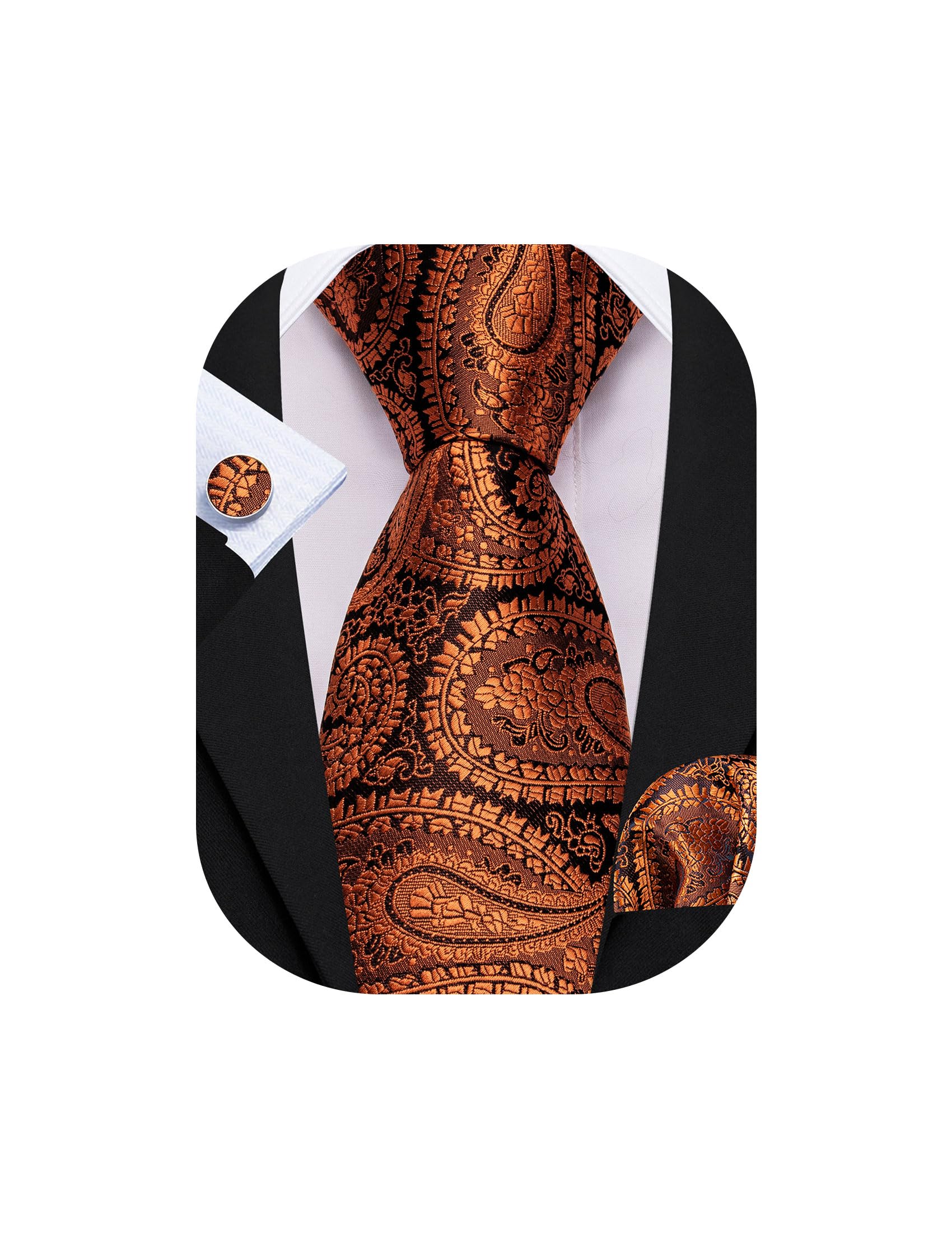 Barry.Wang Men Tie Set Floral Paisley Silk Necktie Pocket Square Cufflinks
