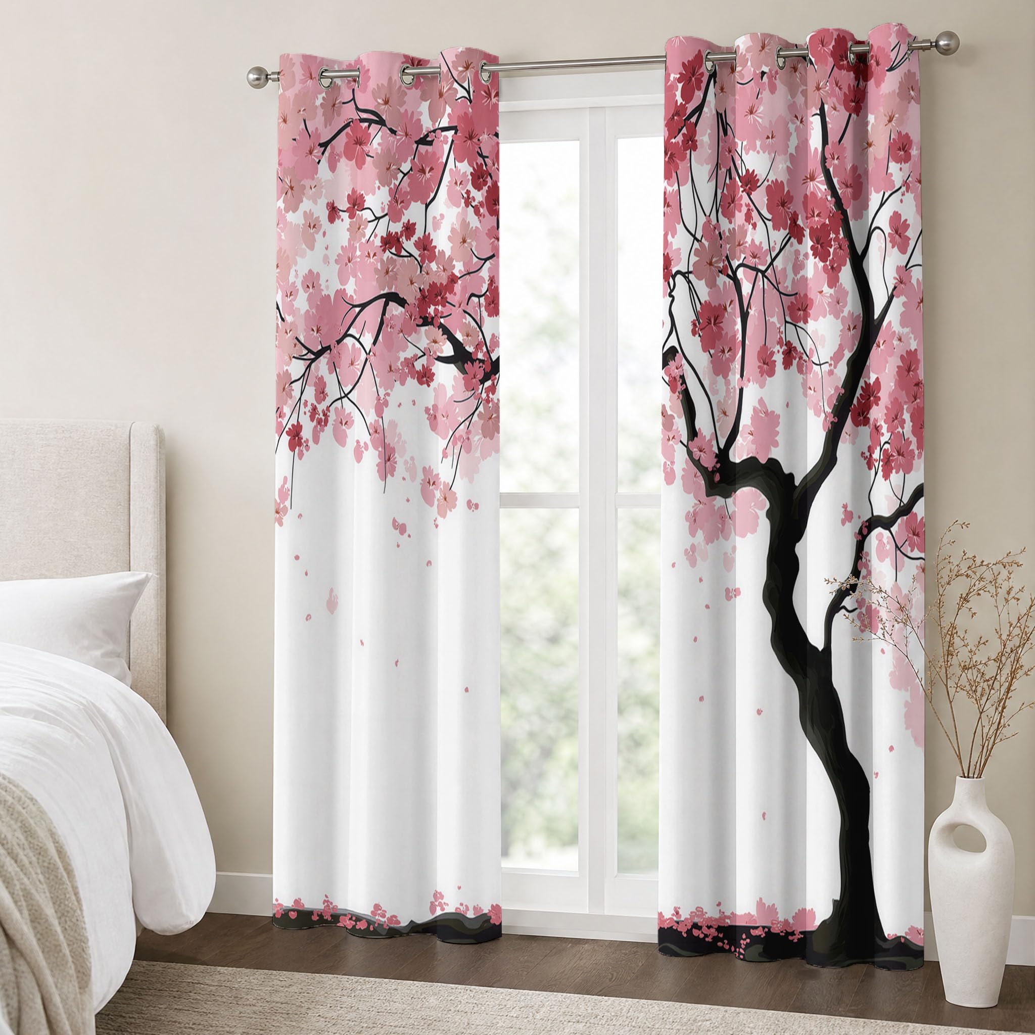 Kirschblütenbaum Vorhänge, Realistischer Stil Vorhang Blickdicht Thermo Verdunkelungsvorhänge Mit Ösen - Rosa Gardinen Wohnzimmer Schlafzimmer Fenster - H175 x B140 cm (2er Pack)