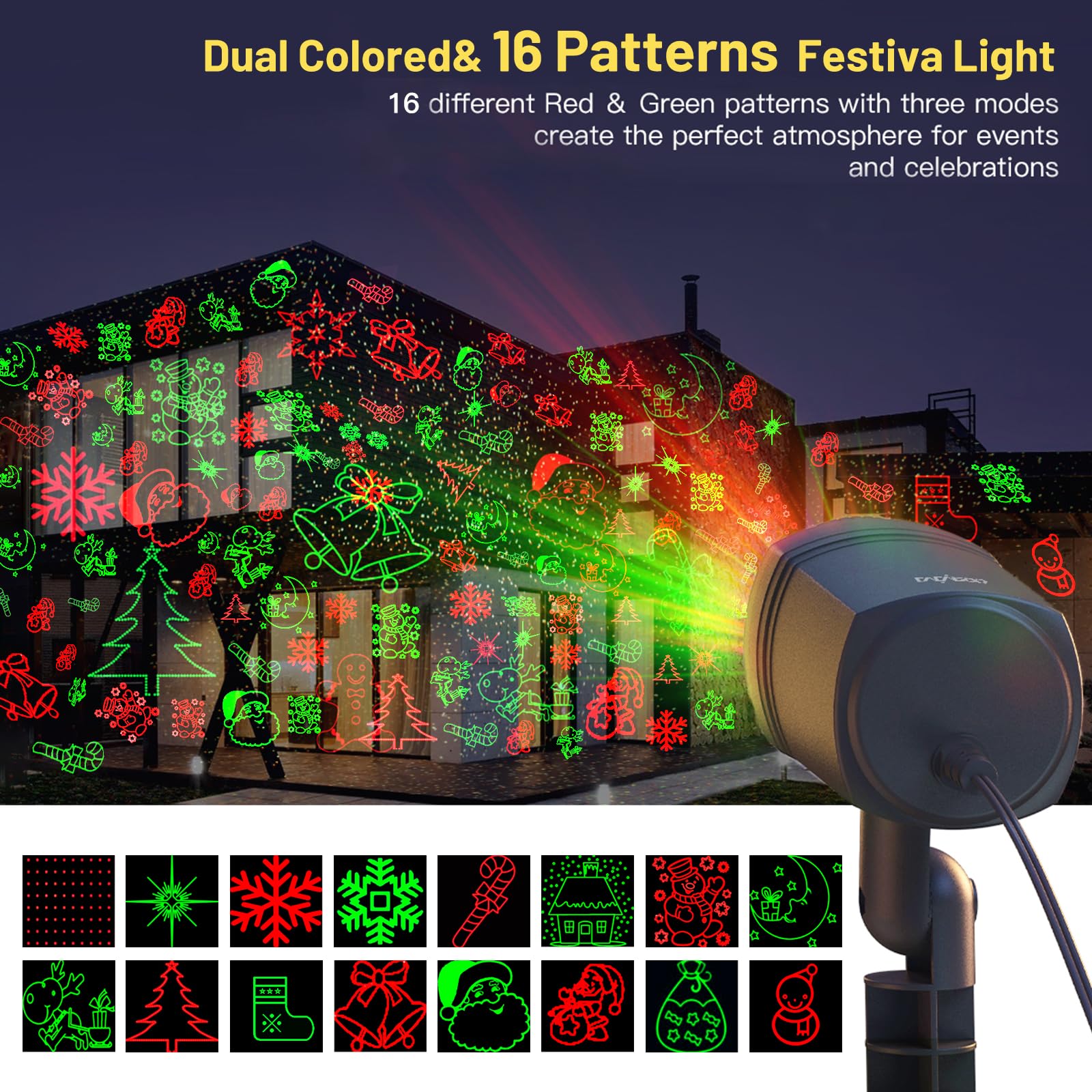 Proyector Navidad Exterior con Mando a Distancia, 16 Patrones de Proyector Navidad, IP65 Luces Navidad para Interior al Aire Libre Fiesta Jardín Decoraciones