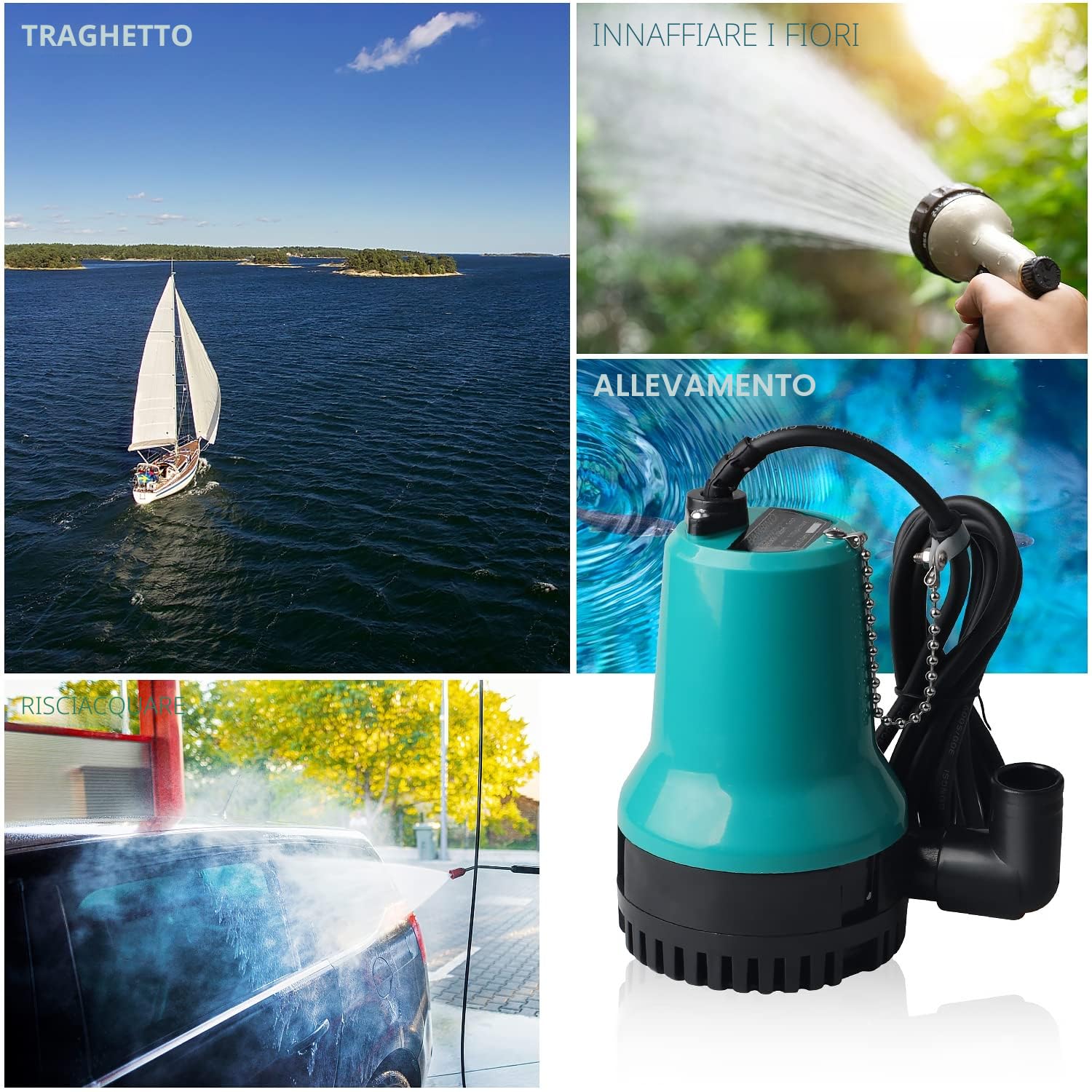 SWAWIS Pompa Sommersa Acque Sporche Immersione DC 12V 50W 4200L/H con Cavo da 2,3 m, Morsetto, per Pozzo Svuota Piscina