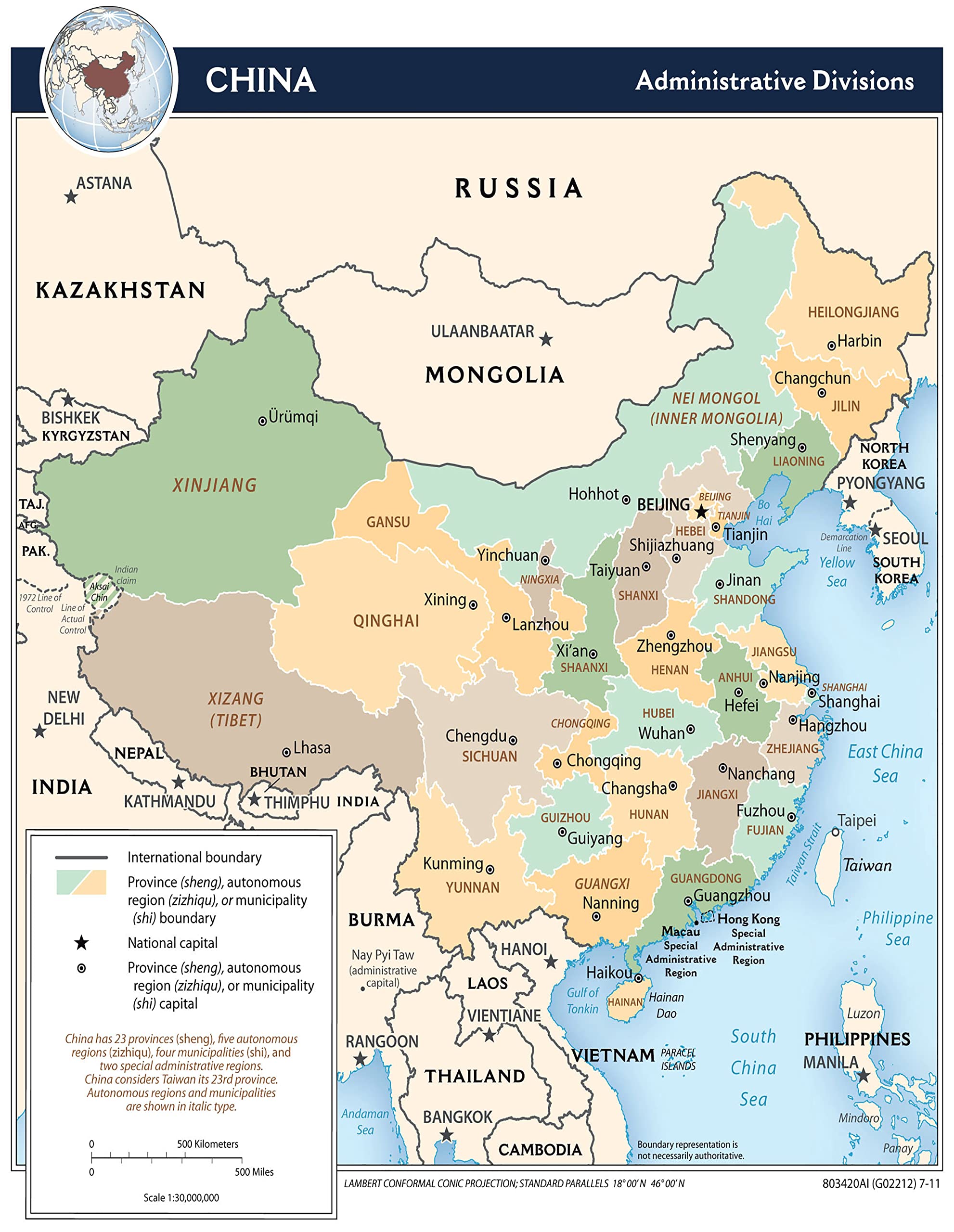 Palmetto Posters 24x31 Laminated Poster: Large detailed administrative divisions map of china