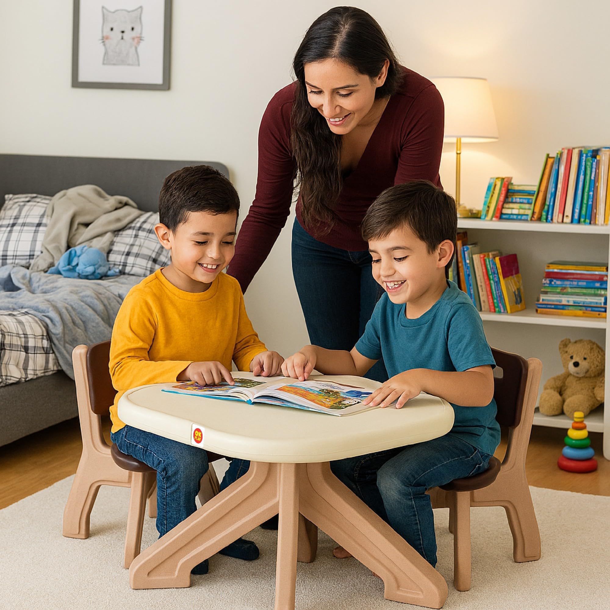 Ok Play Table & Chair Set for Kids | Perfect for Home, School & Playground | Foldable | Indoor Outdoor | Comfortable Sitting | for Perfect Posture | Play & Learning | 2Years+ | Medium | Brown & Beige