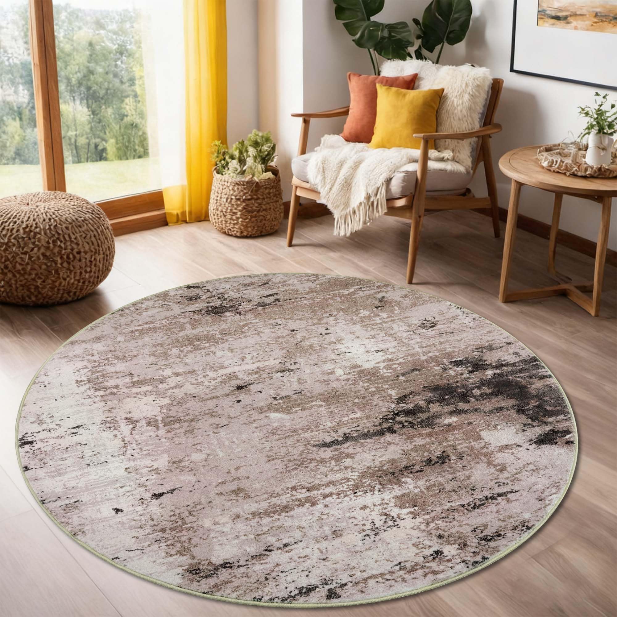 Cekene Abstrakt Waschbarer Teppich Rund 120cm Beige Runder Teppiche Wohnzimmer rutschfest Schlafzimmer Tepich Moderner Kurzflor Rund Teppiche für Kinderzimmer Esszimmer Büro(Taupe)
