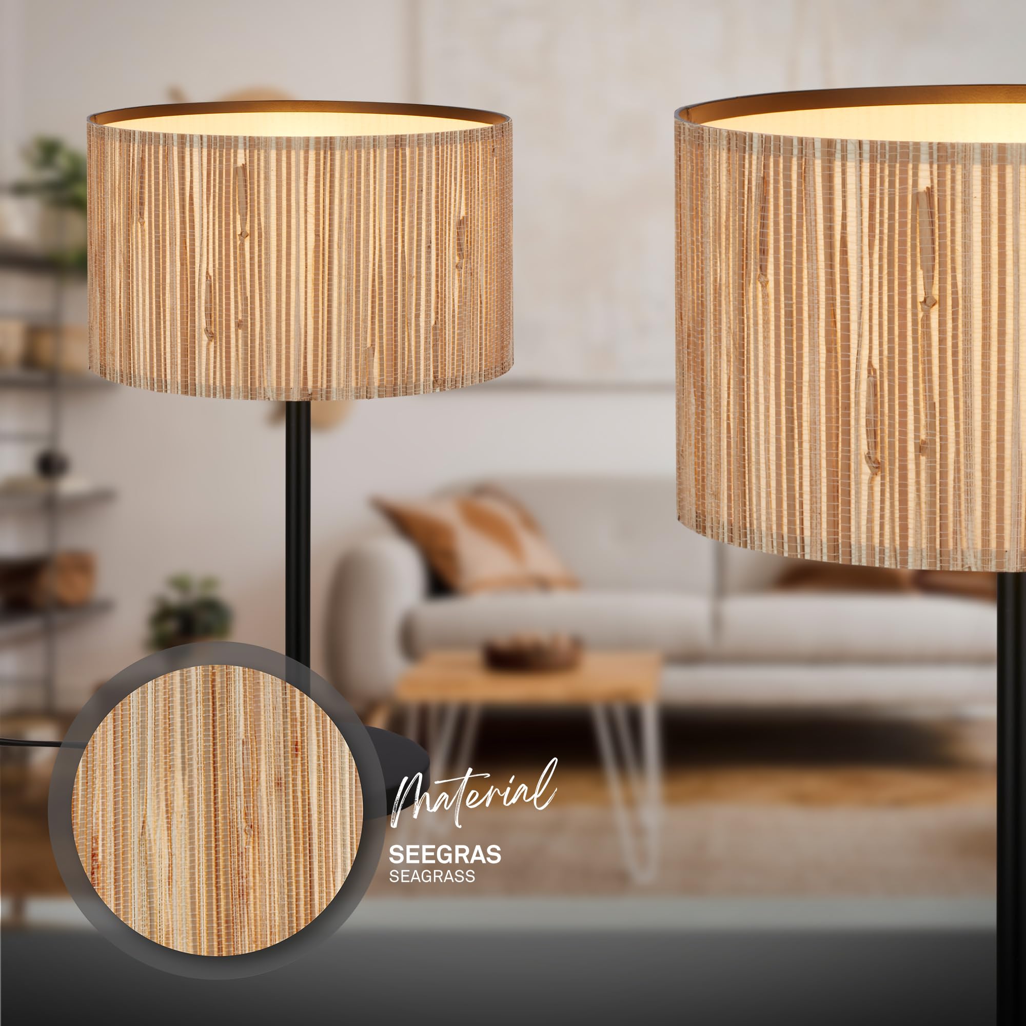 BRILONER - Tischlampe mit Seegras Schirm, Kabelschalter, E27, max. 10W, Lampe, Boho, aesthetic, Nachttischlampe, Tischleuchte, Dekolampe Flur, Bürolampe, Leselampe, Wohnzimmer, 25x41,5 cm, Natur