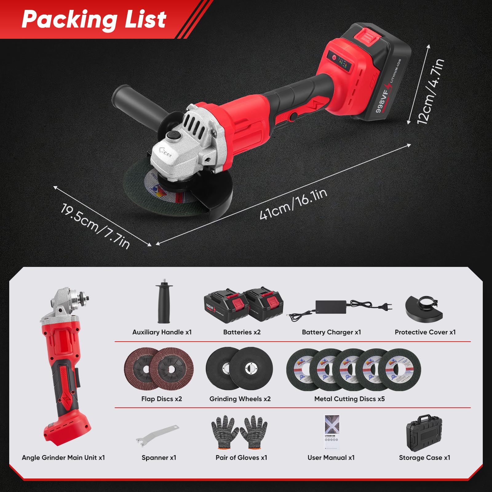 Smerigliatrice angolare a batteria brushless 21V, velocità fino a 13500 giri/min Inclusi dischi da taglio, dischi da sbavo e dischi per lucidatura Dotata di due batterie da 21V 3,0Ah Diametro 125 mm