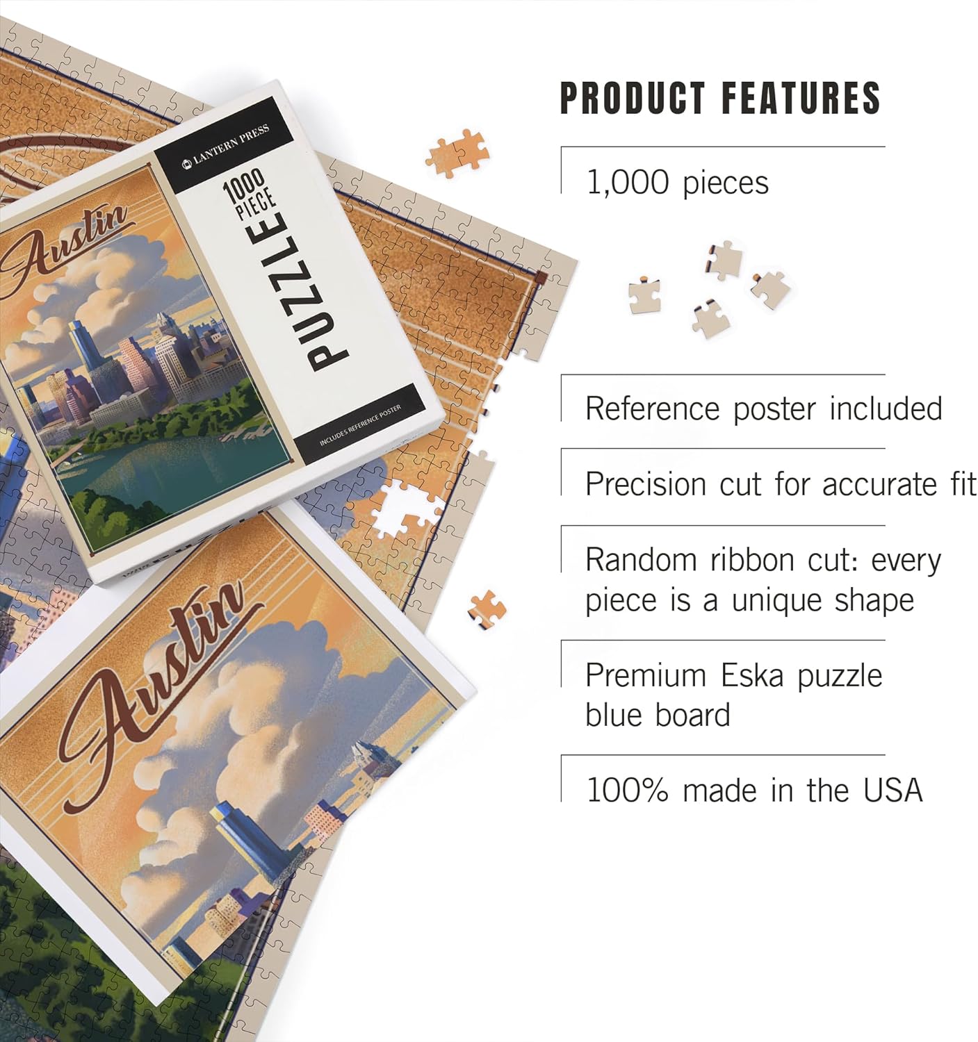"Lantern Press Austin, Texas, Lithograph, City Series, 1000 Piece Jigsaw Puzzle for Adults, Made in USA with Reference Poster"