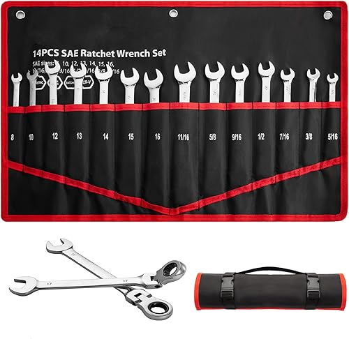 PIONEERWORKS Juego de llaves de trinquete de cabeza flexible, juegos de llaves combinadas SAE y métricas, Craftsman herramientas de mecánica, 14