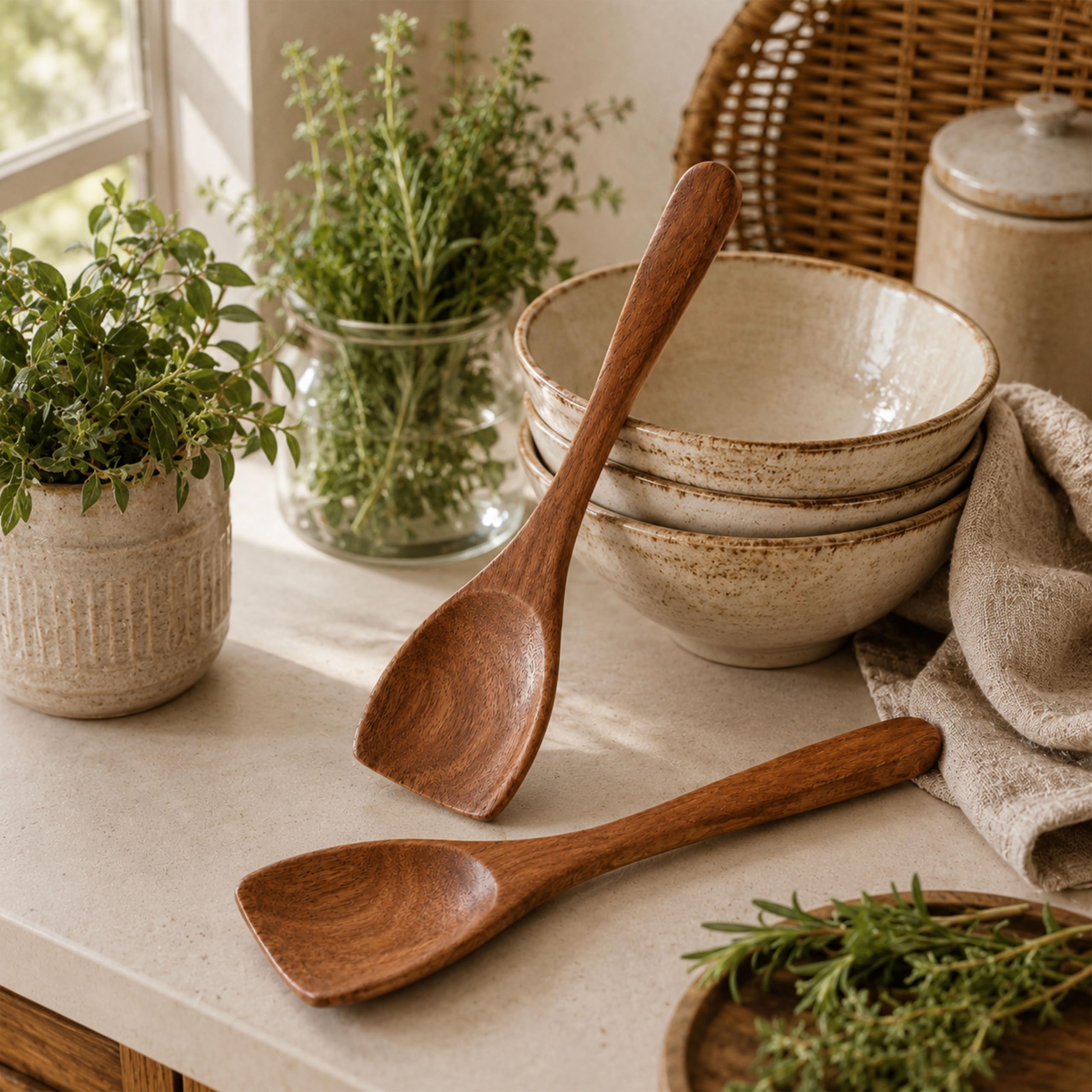Decorasian 10 StückHolzlöffel aus Mangoholz – 25x7x1cm – Handgefertigter Kochlöffel, Nachhaltige Boho Küchendeko & Natürliches Salatbesteck