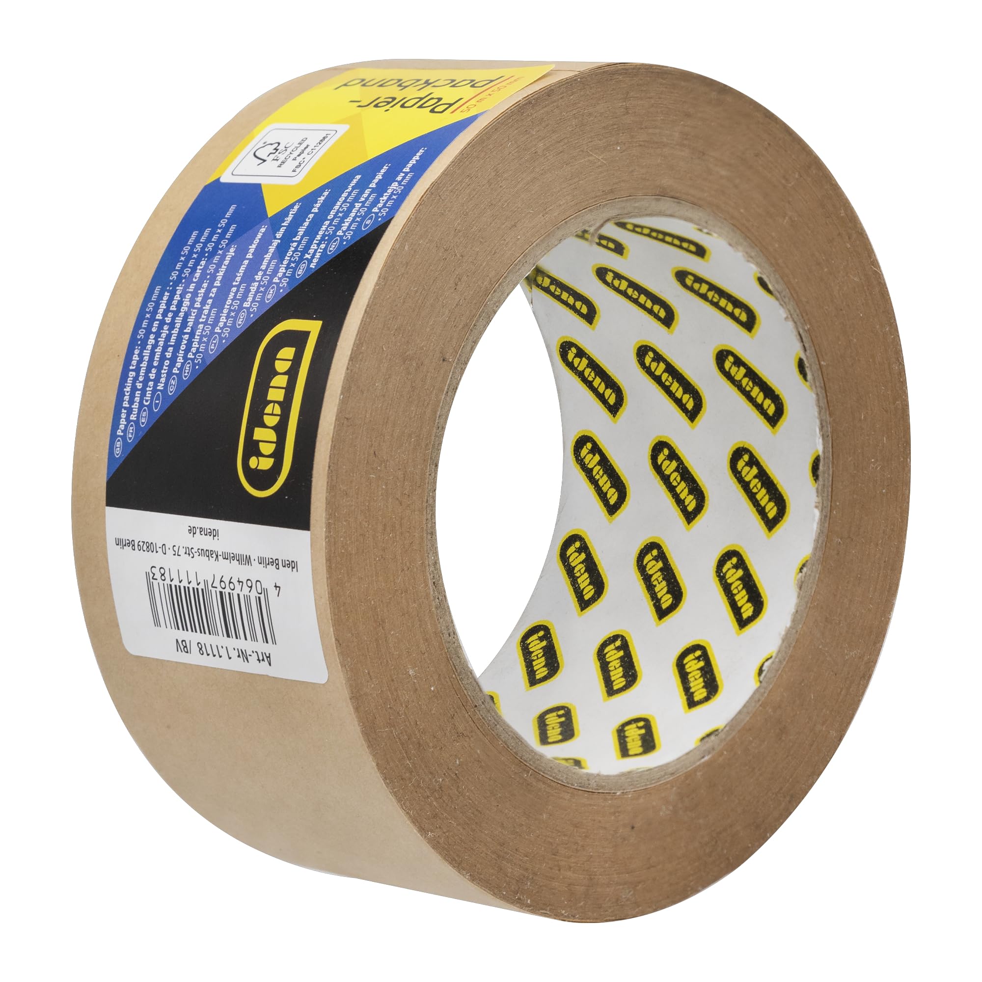 Idena 90269 - Nastro da imballaggio in carta, marrone, 5 cm x 50 m extra forte, 36 rotoli di nastro adesivo in carta riciclata, nastro da imballaggio sostenibile