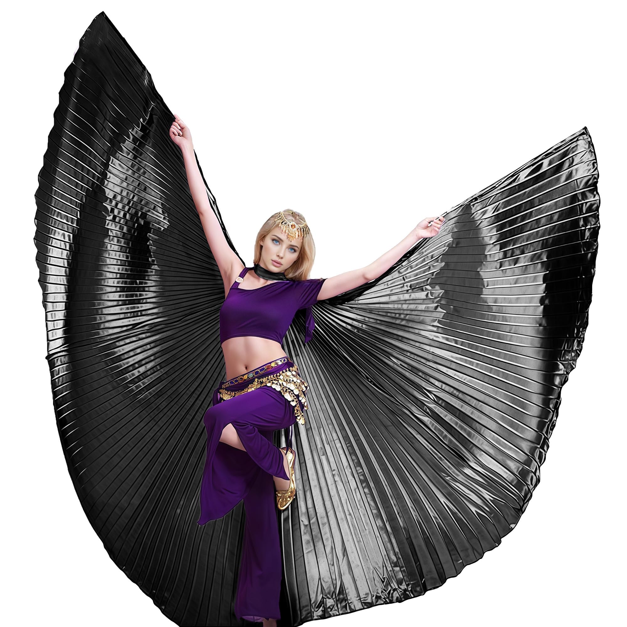 Wuchieal Women's Fairy Butterfly Isis Angle Wings & 2 Sticks Belly Dance Costume(Black)