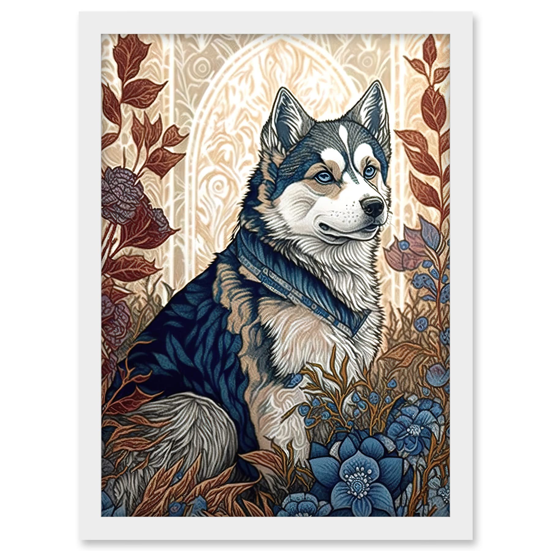Artery8 Siberian Husky Dog in Autumn Flower Field Modern Art Nouveau Illustration Artwork Framed A3 Wall Art Print