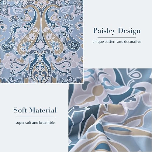 Miniatura 6 de Drucon Juego de edredón de cachemira azul, tamaño Queen, 7 piezas, edredón bohemio de microfibra suave con estampado floral de cachemira azul (1