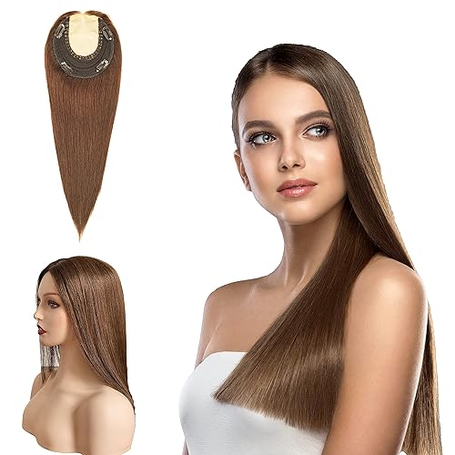 Toppers de cabello humano para mujer, base plateada de 16 pulgadas, 6 x 6.5 pulgadas con trama para mujeres con pérdida de cabello, cabello delgado,