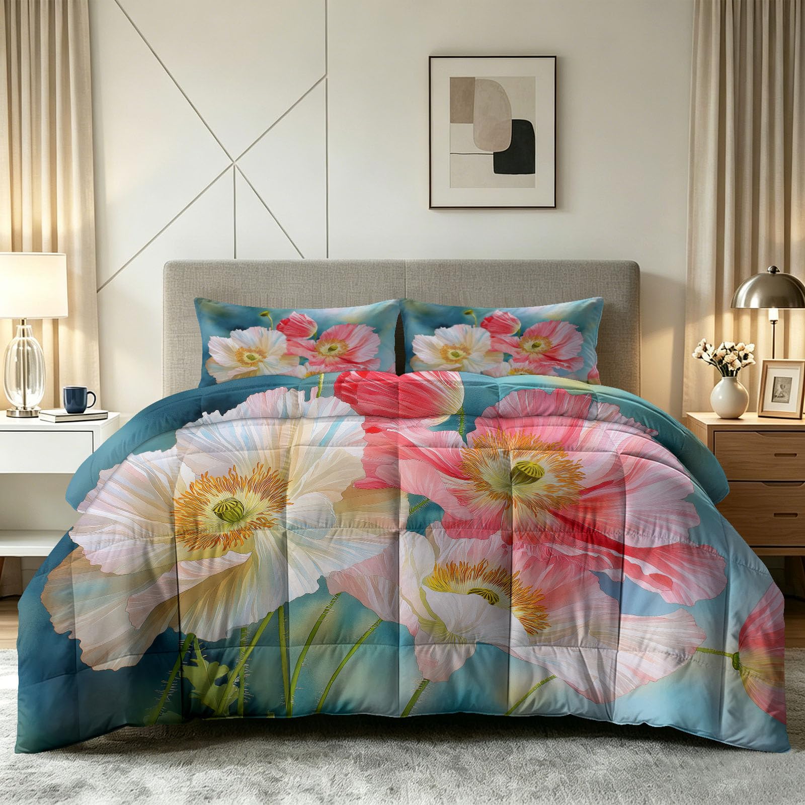 Trapunta senza rivestimento con fiori, papaveri verdi, 155 x 220 cm, 4 stagioni, reversibile, moderna ed elegante, per tutto l'anno, lavabile, calda e delicata sulla pelle, con 2 federe da 80 x 80 cm