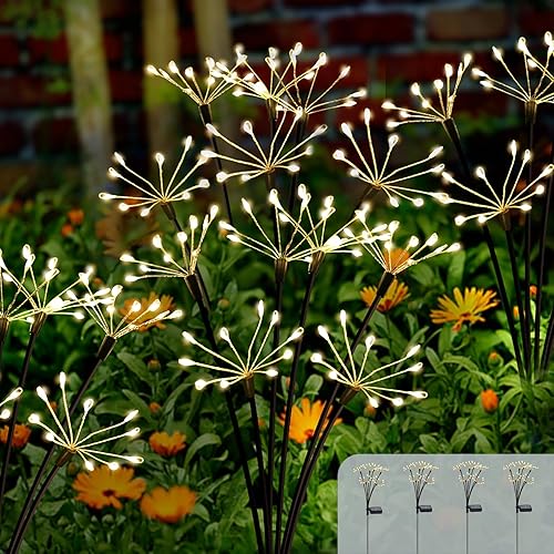 Kwaiffeo Paquete de 4 luces solares para jardín, impermeables, para exteriores, fuegos artificiales, con 240 LED, luces solares parpadeantes para