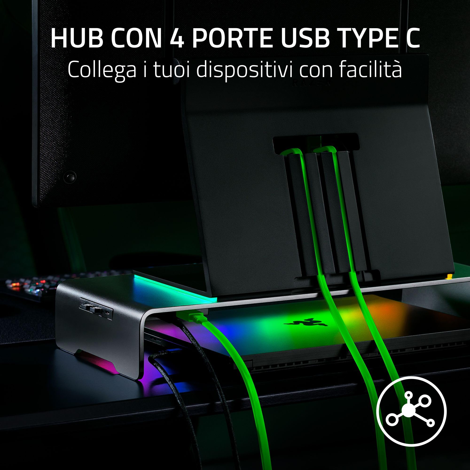 Razer Monitor Stand Chroma - Supporto per monitor in alluminio con hub USB-C a 4 vie con Chroma RGB (50cm x 21cm x 7,85cm, struttura robusta, capacità di carico 20 kg, altezza ergonomica) Nero