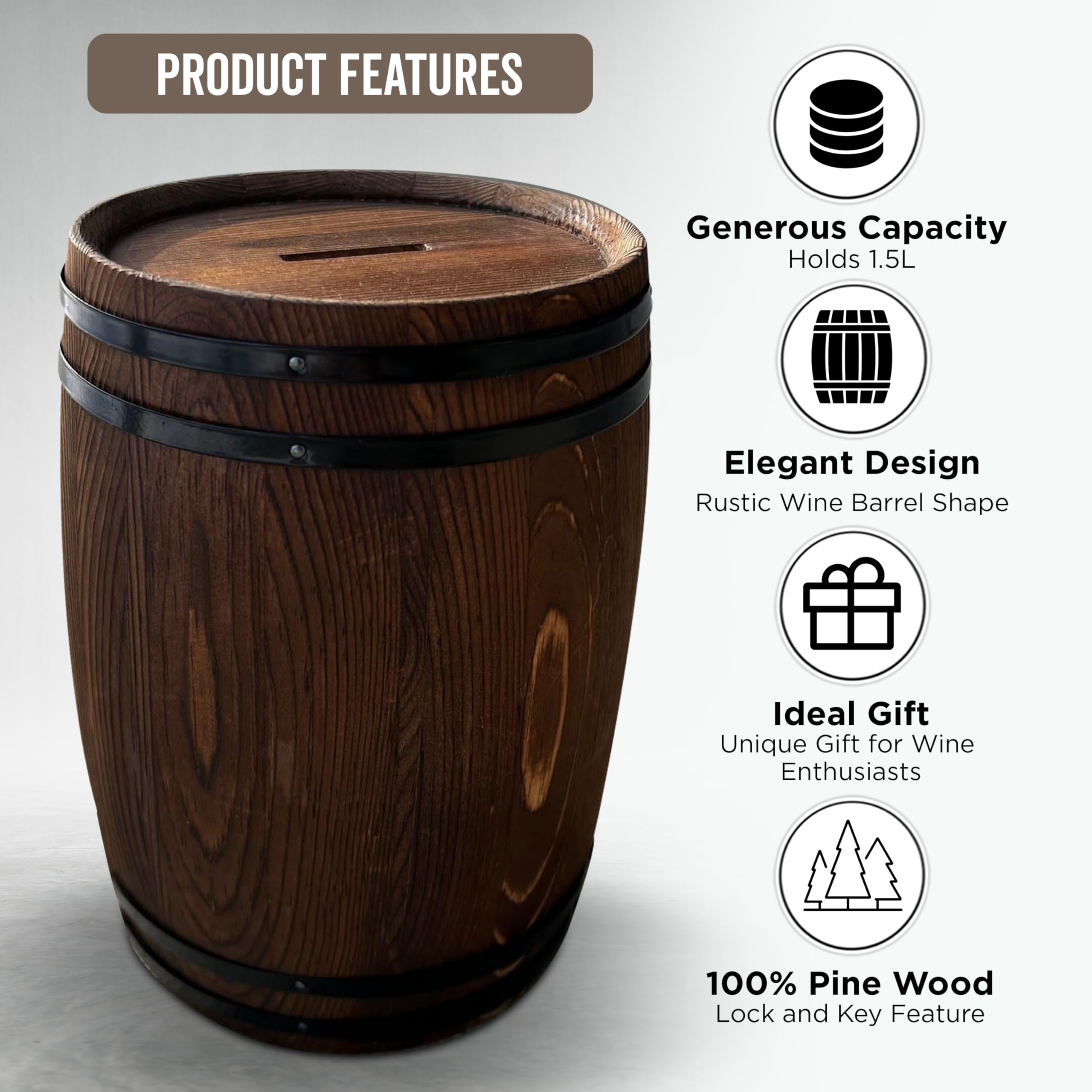 Piggy Bank for Adults, Large Adult Piggy Banks, Rustic Wine Barrel in a Rich Dark Stain, Holds 1.5L of Savings, Lock and Key Feature