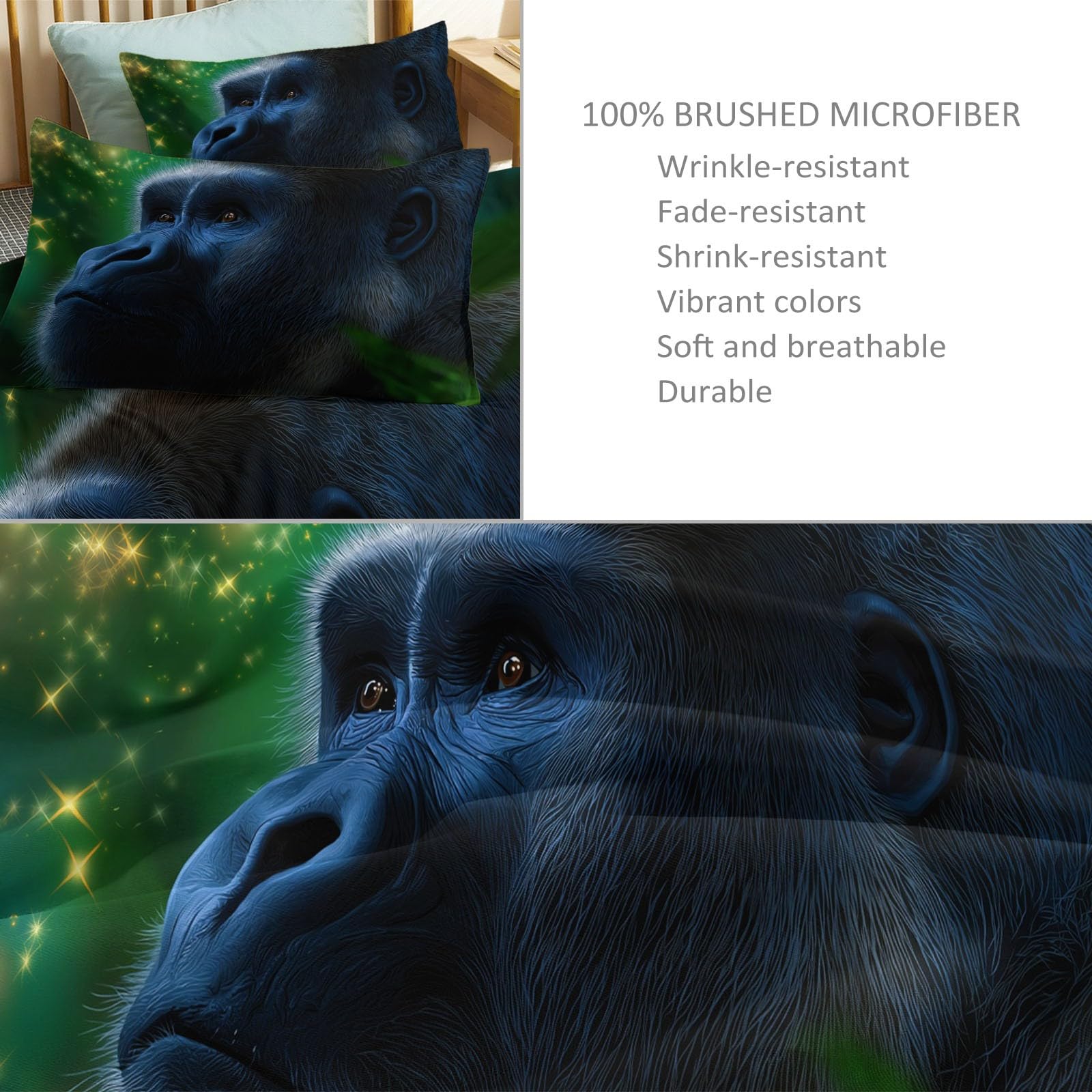 Generisch Pościel Fantasy Cartoon Gorilla – 240 x 220 cm poszwa na kołdrę – zestaw pościeli z mikrofibry z zamkiem błyskawicznym, miękka i nie wymaga prasowania, ciemnozielona, antyalergiczna, dla
