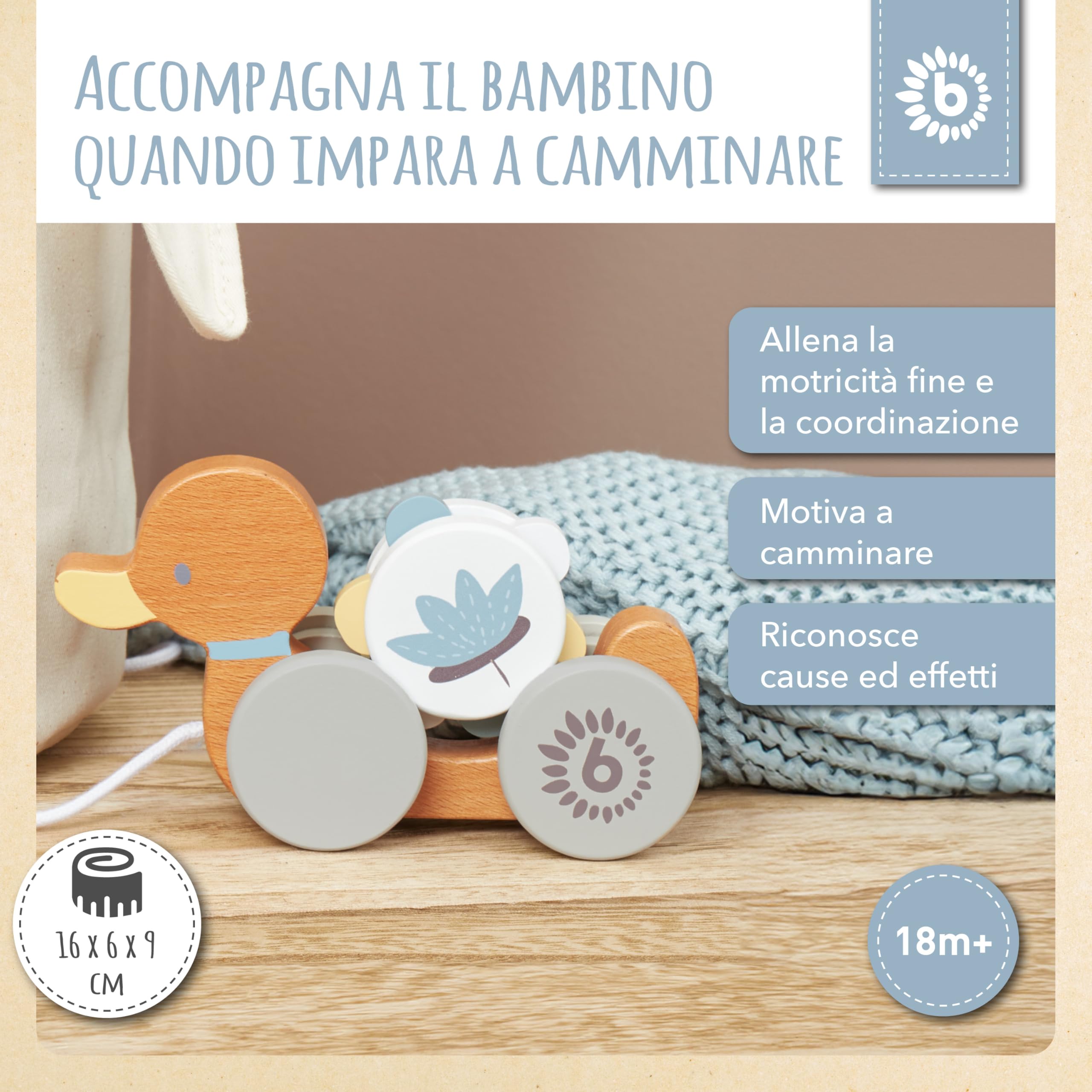 Bieco Anatra in Legno da Tirare | Giocattolo Trainabile per Bambini da 1 Anno | Animale da Traino