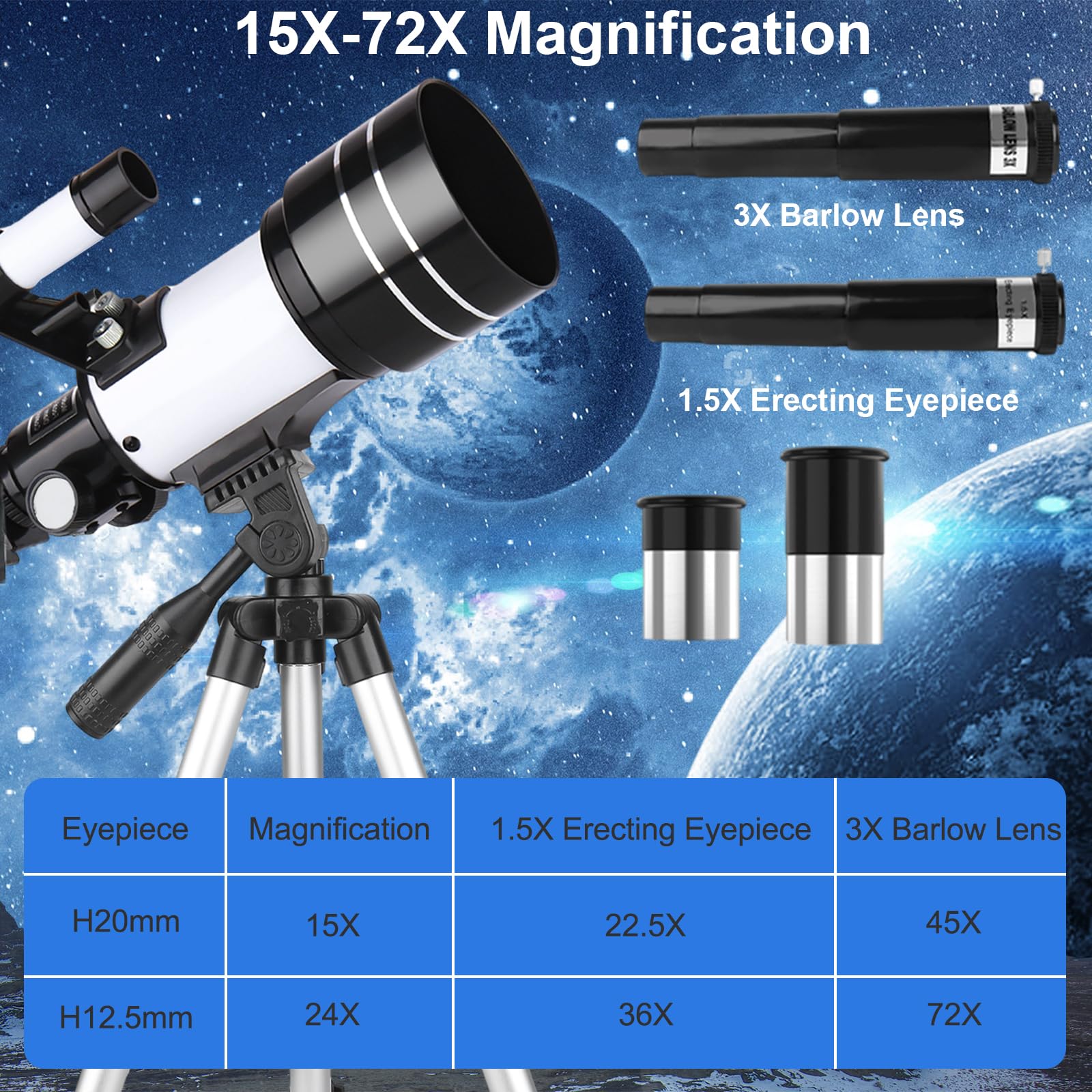 Télescope pour Enfants et Adultes, 70MM Ouverture Télescope Réfracteur de 300MM avec Trépied, Viseur 5 x 24, Adaptateur Télescopes et 2 Oculaires pour Adultes Débutants en Astronomie (Blanc)