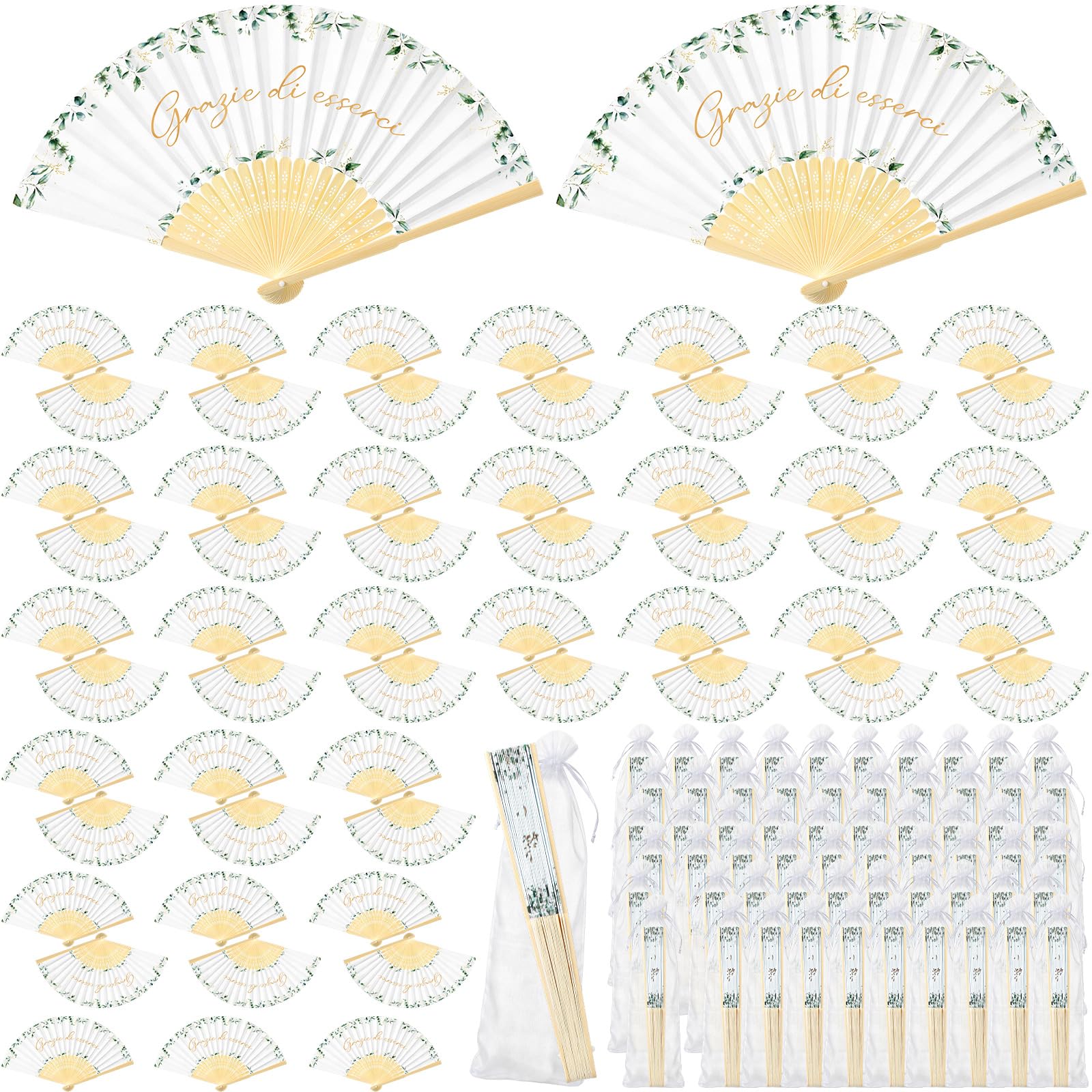 Namalu 60 Pezzi Ventaglio Matrimonio Carta con Manico in Bambù Grazie di Esserci Segnaposto Bomboniera Ventagli Pieghevoli Bianchi Eucalipto 60 Sacchetto Idee Regalo per Ospiti Estate Compleanno Festa