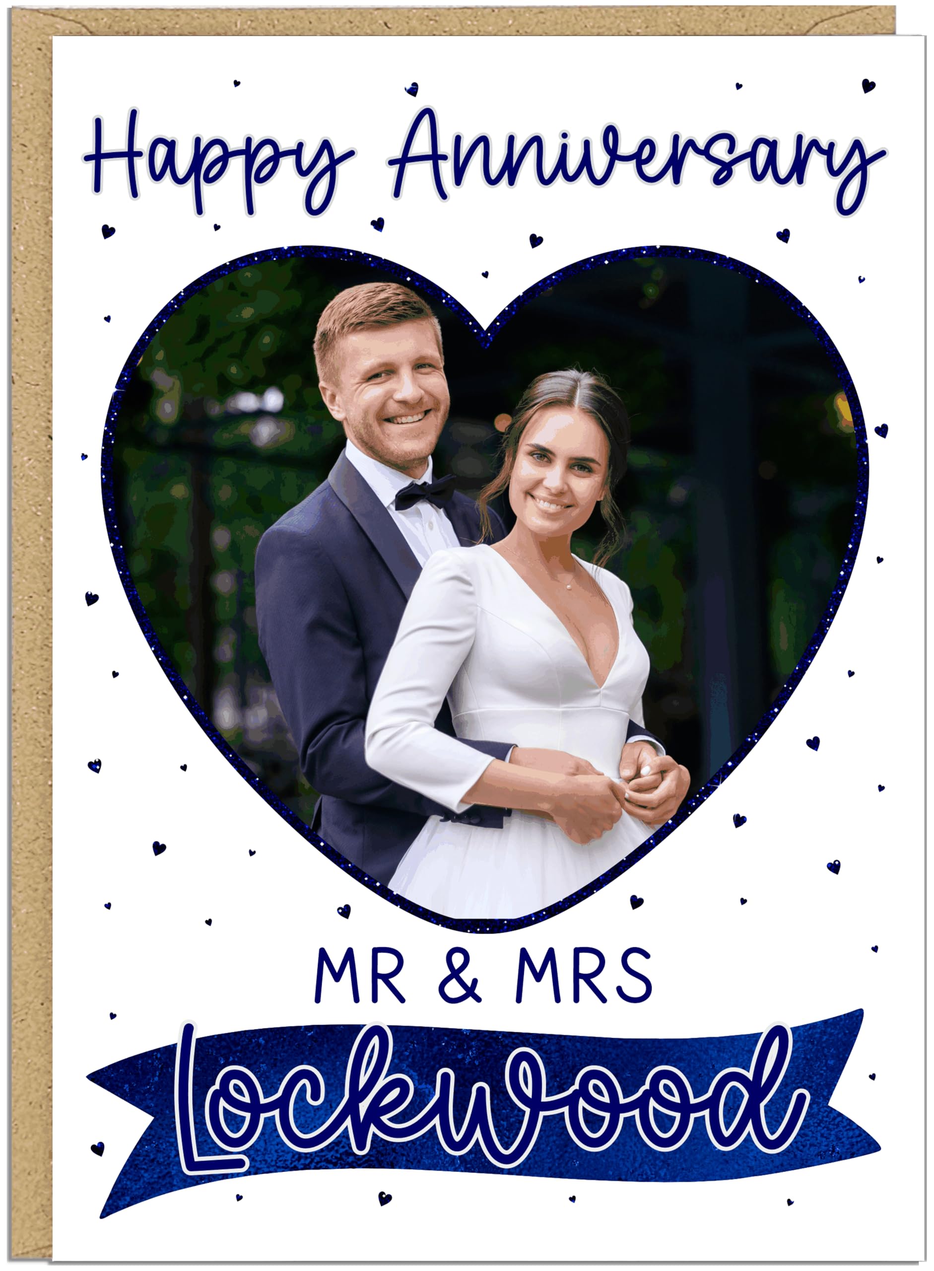Happy Wedding Anniversary Personalised Cards Custom Mr & Mrs Surname Upload Own Photo Heart Frame Happy Anniversary Keepsake for Couples Husband Wife A5 (Navy)