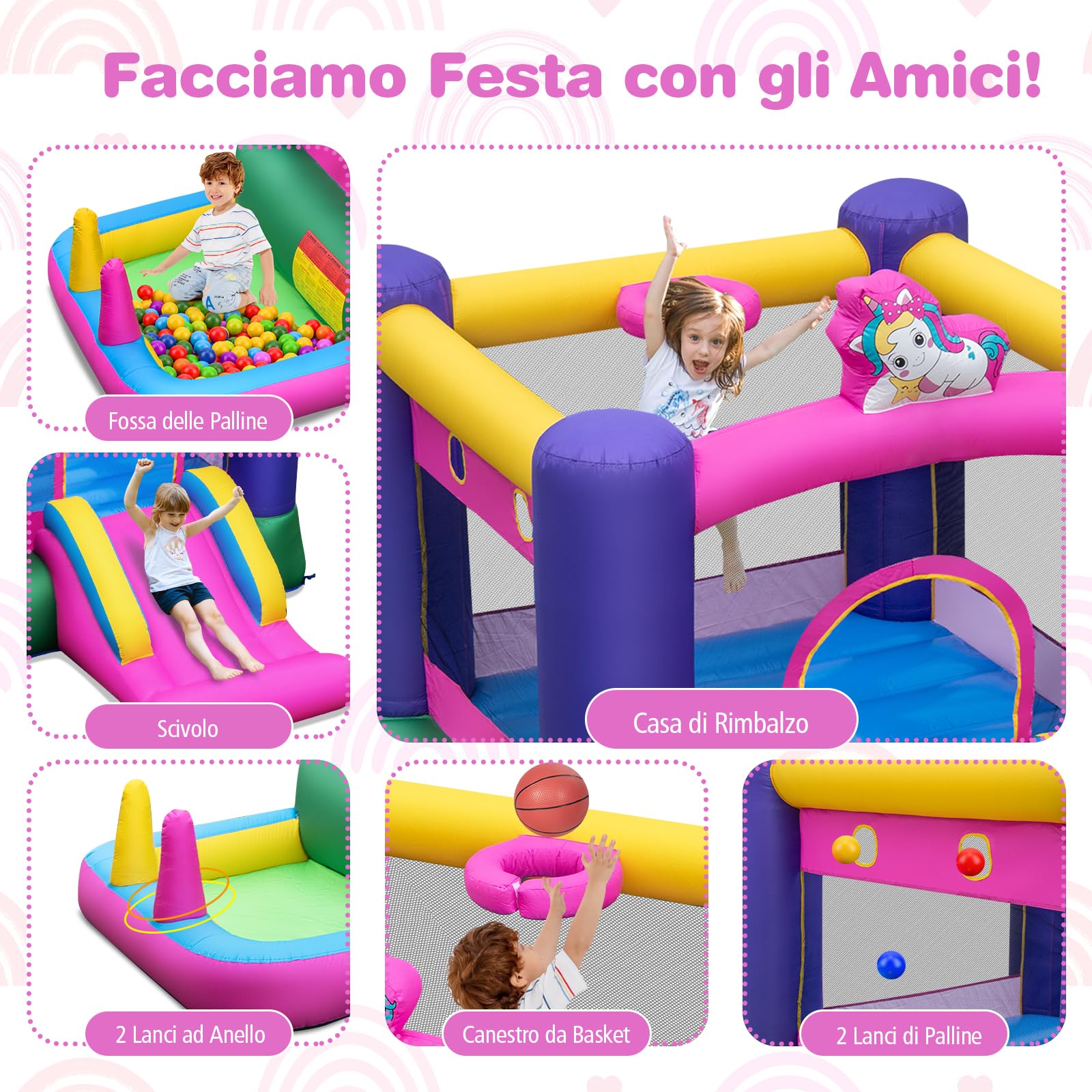 GYMAX Castello Gonfiabile da Interno/Esterno con Scivolo, Piscina di Palline, Canestro da Basket, Anelli e Palline, Centro Gioco per Bambini a Tema Unicorno, per Età 3-12 Anni